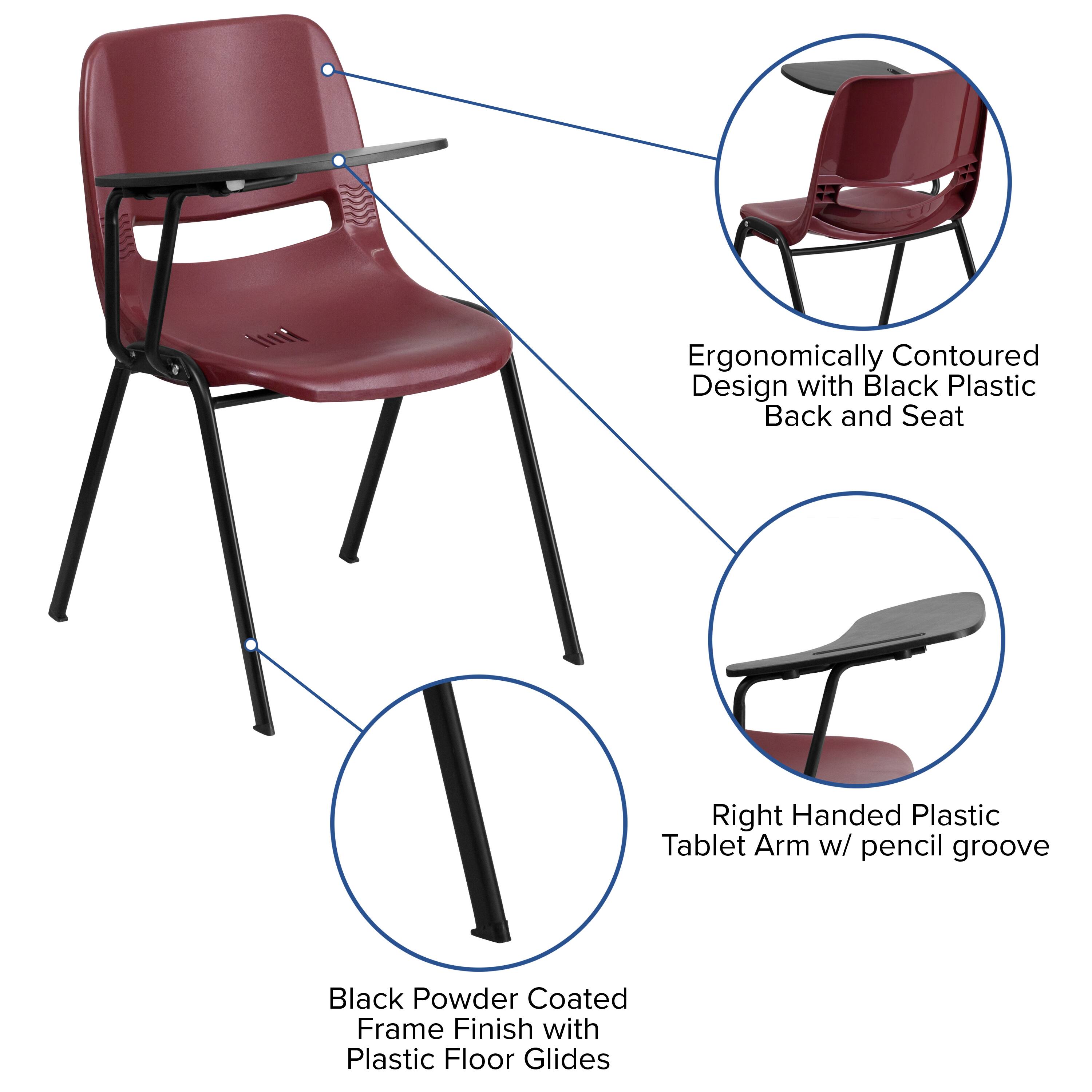 Ergonomically Contoured Design with Black Plastic Back and Seat  
Right Handed Plastic Tablet Arm w/ pencil groove  
Black Powder Coated Frame Finish with Plastic Floor Glides