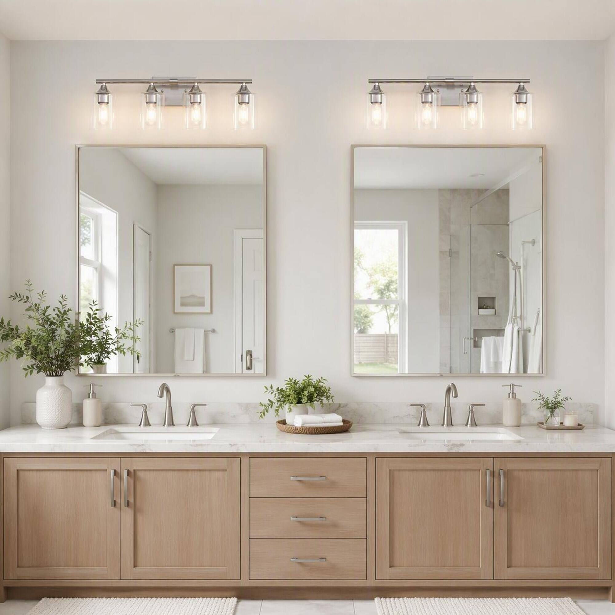 Back. RYHNUYNE - 4-Light Brushed Nickel Vanity Light for Bathroom, Clear Glass Shade Wall Sconce, Moisture-Proof Metal Frame.