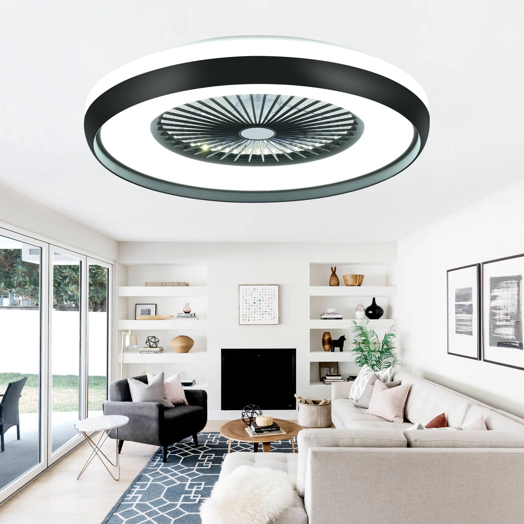 Alt View 2. Domanki - 24" Low Profile Ceiling Fan with 3-Dimmable Light, Bladeless Ceiling Fan with Remote/APP Control, for Kids Bedroom - Black.