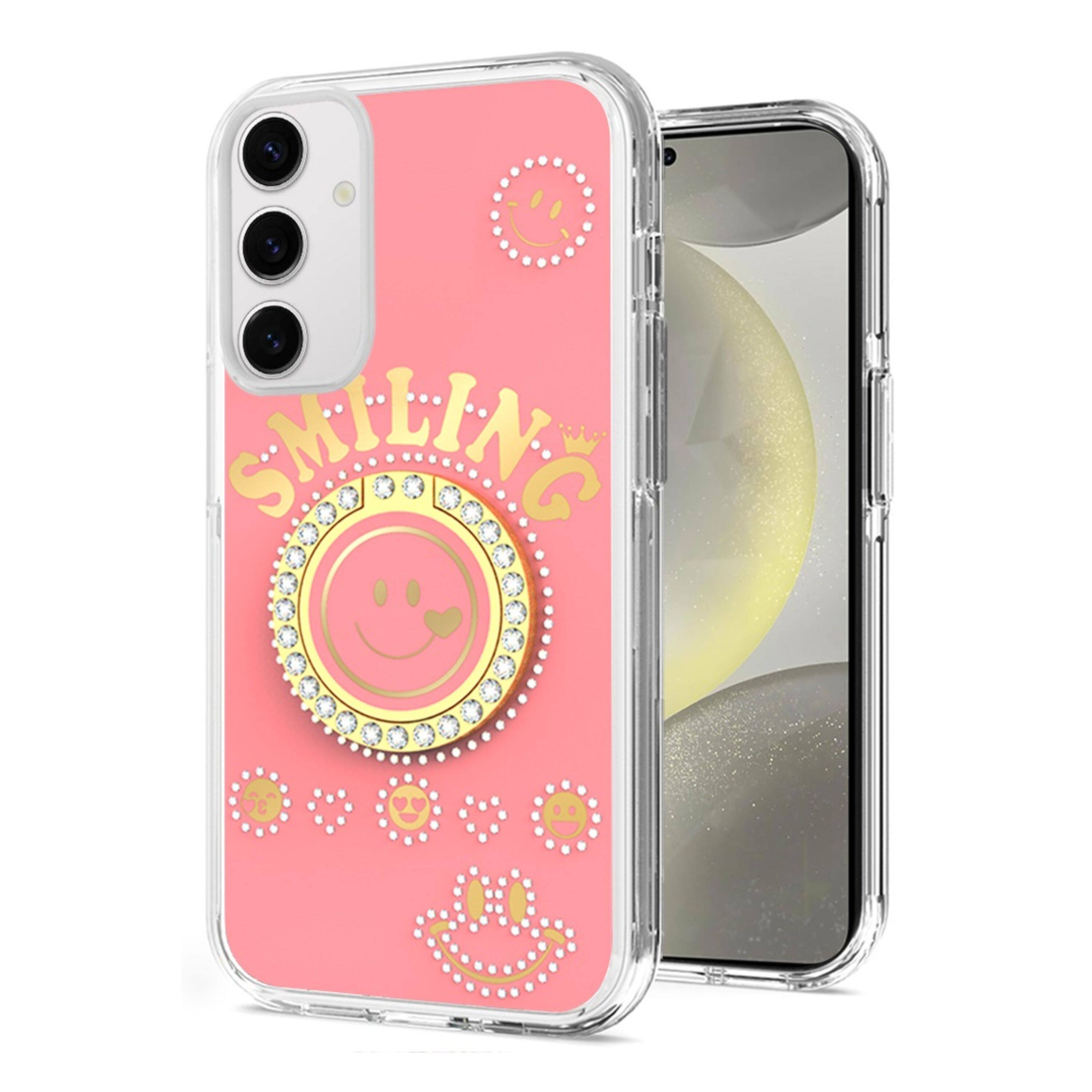 Kitcheniva - Diamond Studs Smiling Face Design Phone Case With Tempered Glass For Samsung S25+/S24+ - Pink price history on PriceWatchPro