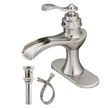 Front. Boyel Living - Single Handle Waterfall Bathroom Faucet 1-Hole with Deckplate and Pop-up Drain in Brushed Nickel - Brushed Nickel.