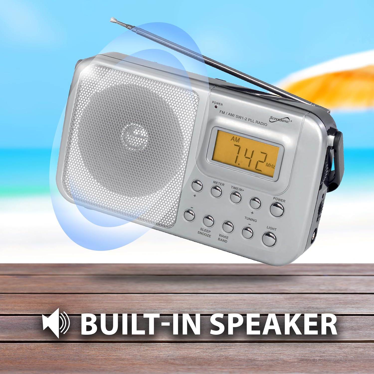 POWER FM - AMI SW1-2 PLL SOrgSONIC SONeC RADIO AM 7.42 MHz METER TIME/M+ POWER SLEEP SNOOZE WAKE BAND TUNING LIGHT BUILT-IN SPEAKER