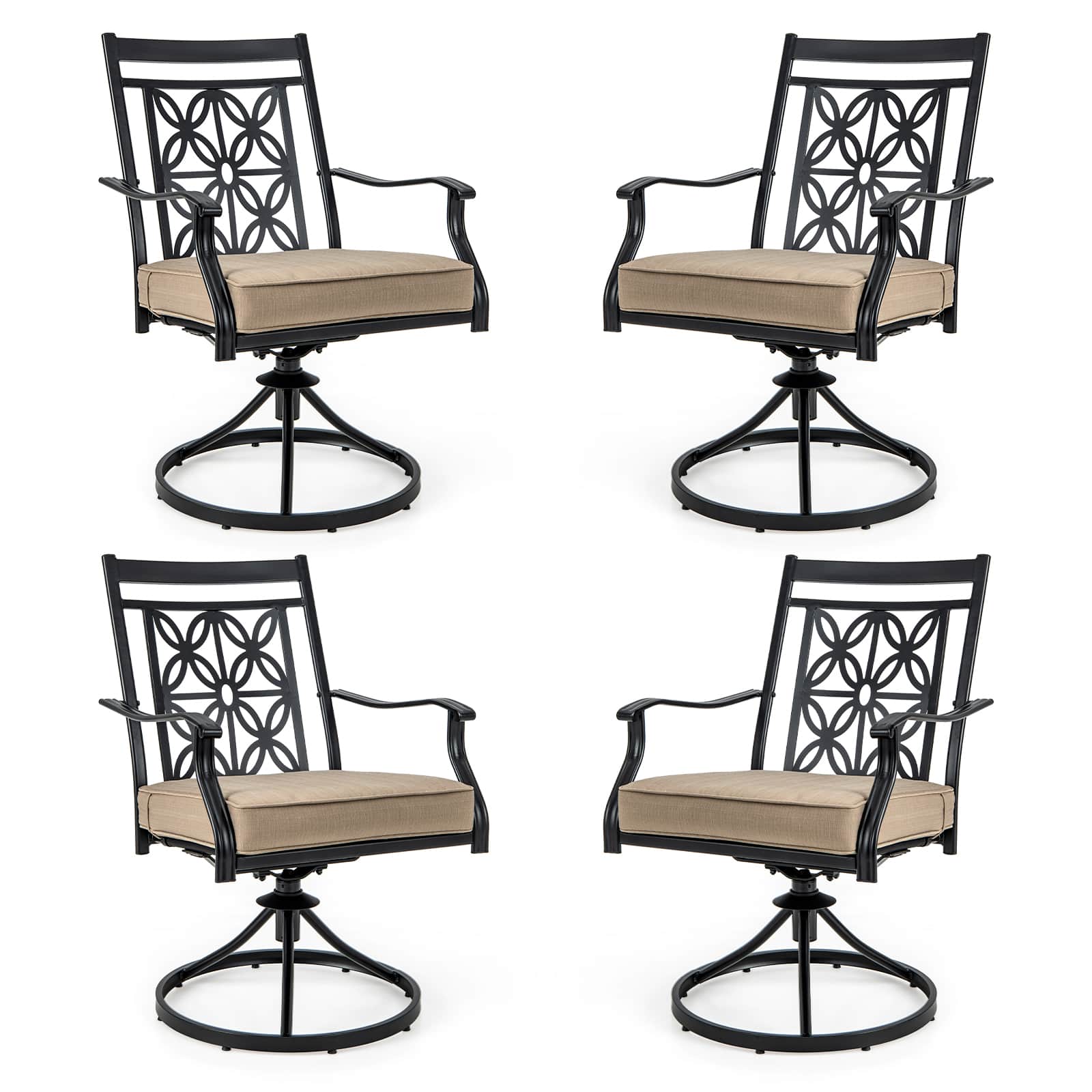 Gymax - Patio Metal Swivel Chairs Set of 4 Fabric Bistro Rocker Chairs w/ Curved Armrests - Black, khaki