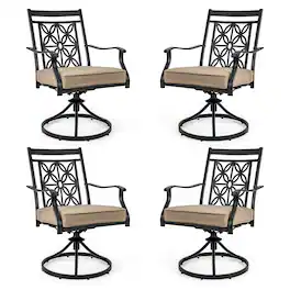 Gymax - Patio Metal Swivel Chairs Set of 4 Fabric Bistro Rocker Chairs w/ Curved Armrests - Black, khaki