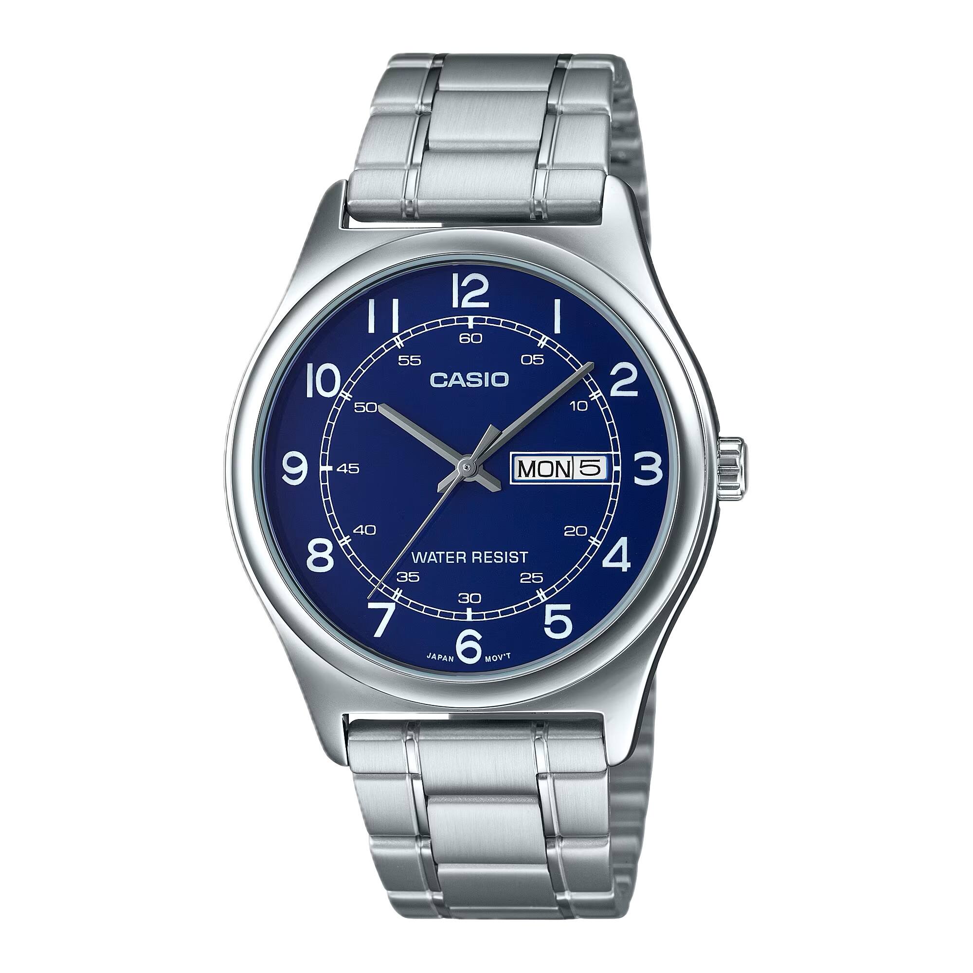 Casio - Men’s Blue Dial Stainless Steel Bracelet Watch - MTP-V006D-2BUDF - Silver