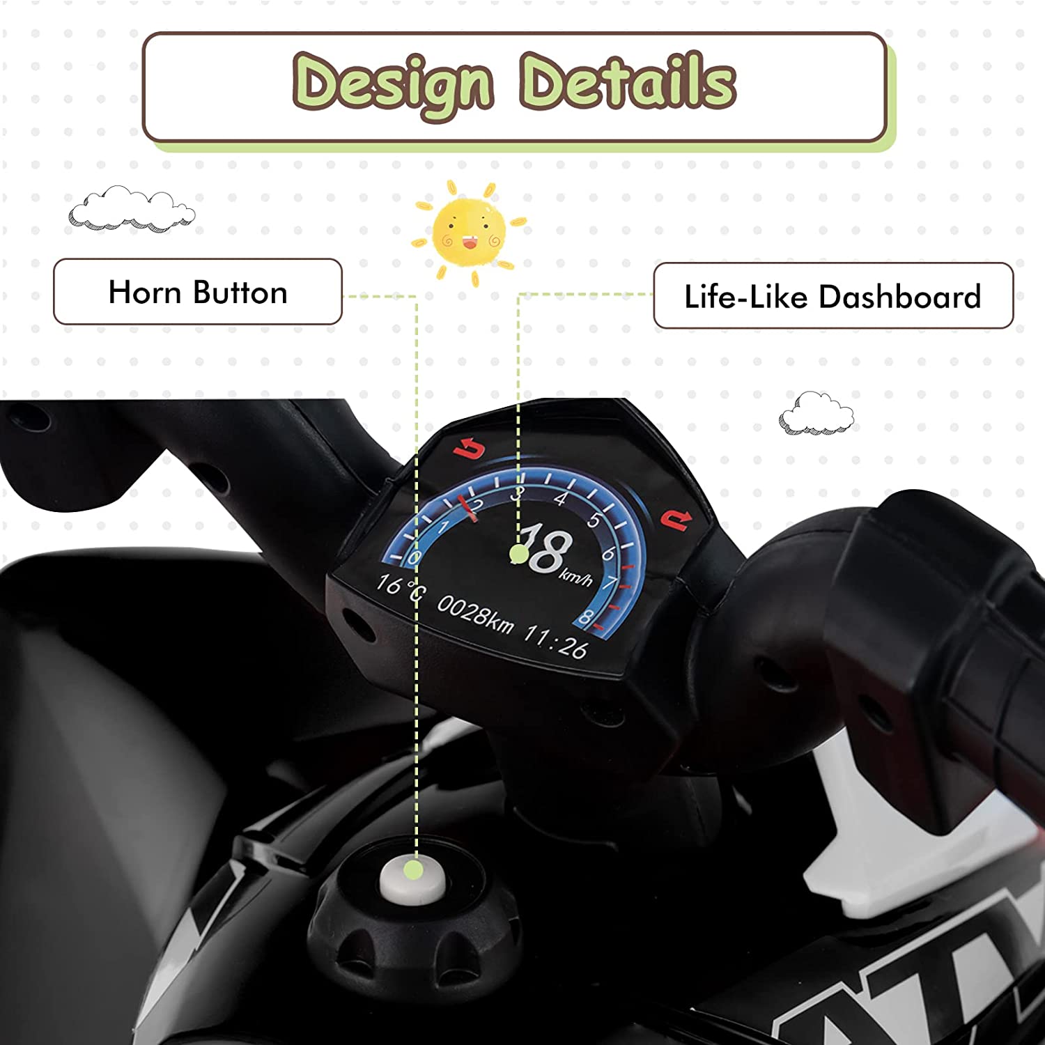 Design Details  
Horn Button  
Life-Like Dashboard  

16°C 0028km 11:26