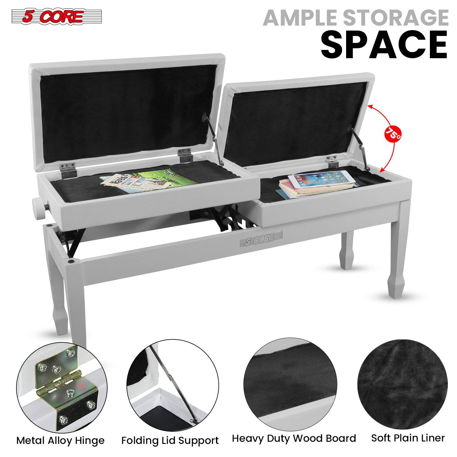 5 CORE, AMPLE STORAGE SPACE, 75, 5 CORE, Metal Alloy Hinge, Folding Lid Support, Heavy Duty Wood Board, Soft Plain Liner