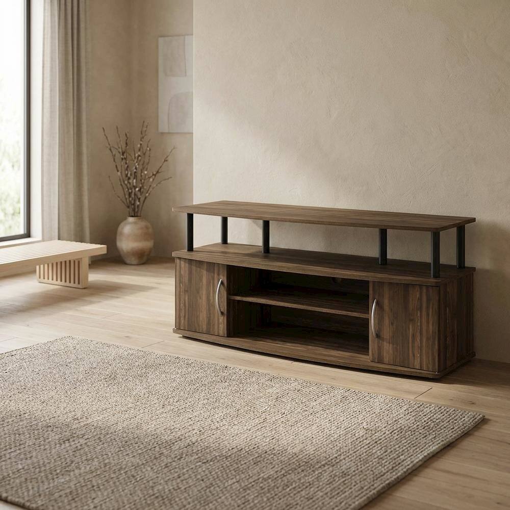 Left. FurniFact - Large entertainment center in brown walnut and black finish with ample storage - Brown Walnut/Black.