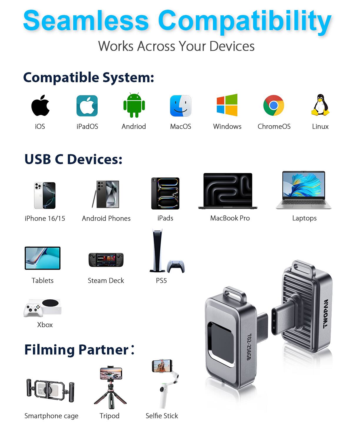 Seamless Compatibility  
Works Across Your Devices  

Compatible System:  
iOS iPadOS Android MacOS Windows ChromeOS Linux  

USB C Devices:  
iPhone 16/15 Android Phones iPads MacBook Pro Laptops Tablets Steam Deck PS5 Xbox  

Filming Partner:  
Smartphone cage Tripod Selfie Stick  

T02-256GB TWOPAN