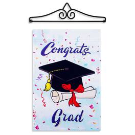 G128 - Garden Flag Hanger 14.2 in with 12 x 18 in Double-Sided Happy Graduation Flag - Multicolor