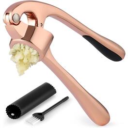 Zulay Kitchen - Premium Garlic Press with Soft, Easy to Squeeze Handle - Includes Silicone Garlic Peeler & Cleaning Brush - Rose Gold