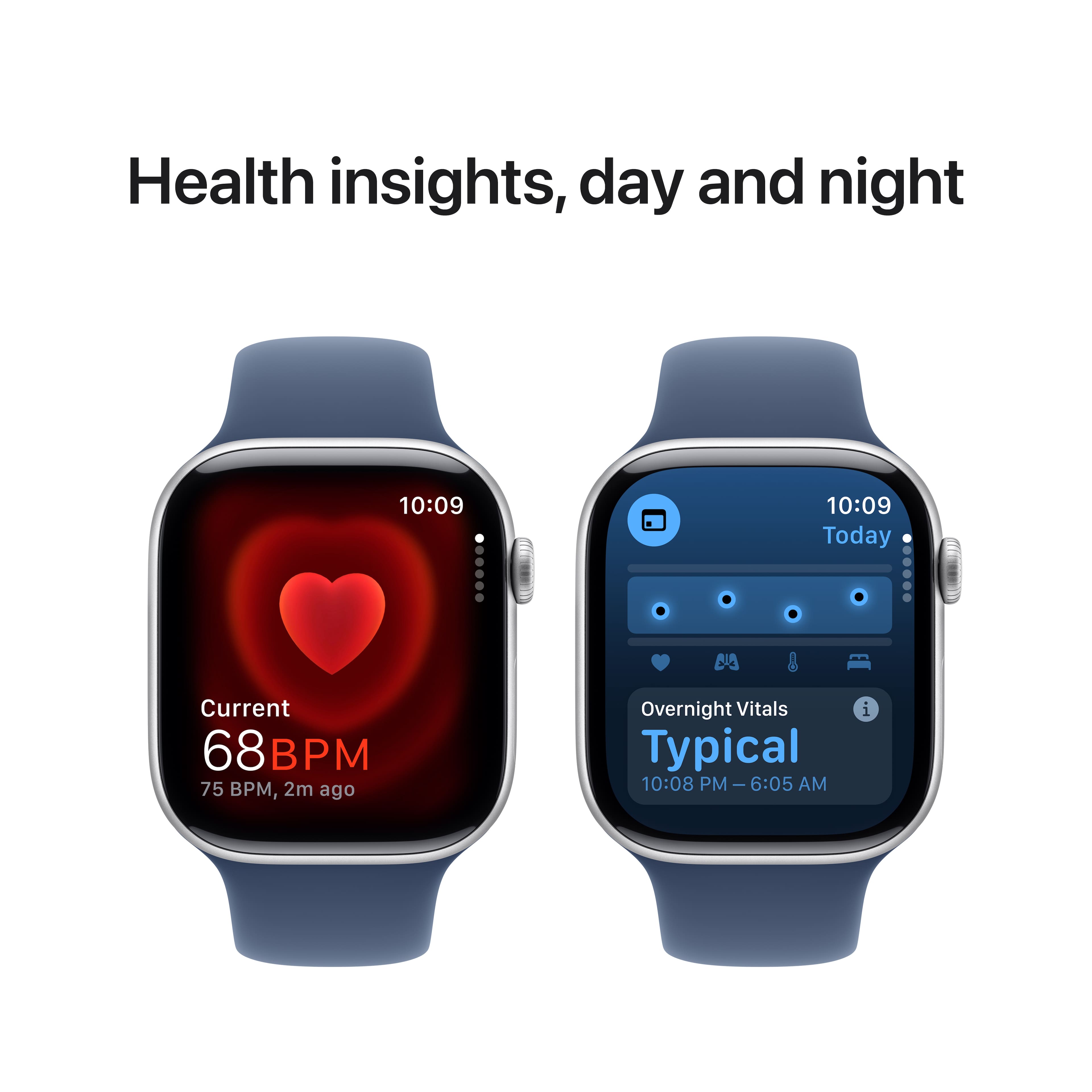 Health insights, day and night:
10:09 - Today:
- Current BPM: 68 BPM
- 2 minutes ago: Overnight Vitals
- Typical: 10:08 PM - 6:05 AM
The text is grouped and corrected, providing a clear understanding of the health insights, day and night information displayed on the watch.
