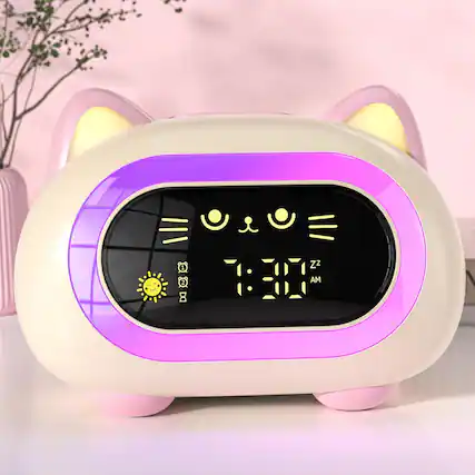 Front. FINEAK - Kids Alarm Clock with Dual Alarm Snooze Mode 10 Color Night Light - Powder Pink.