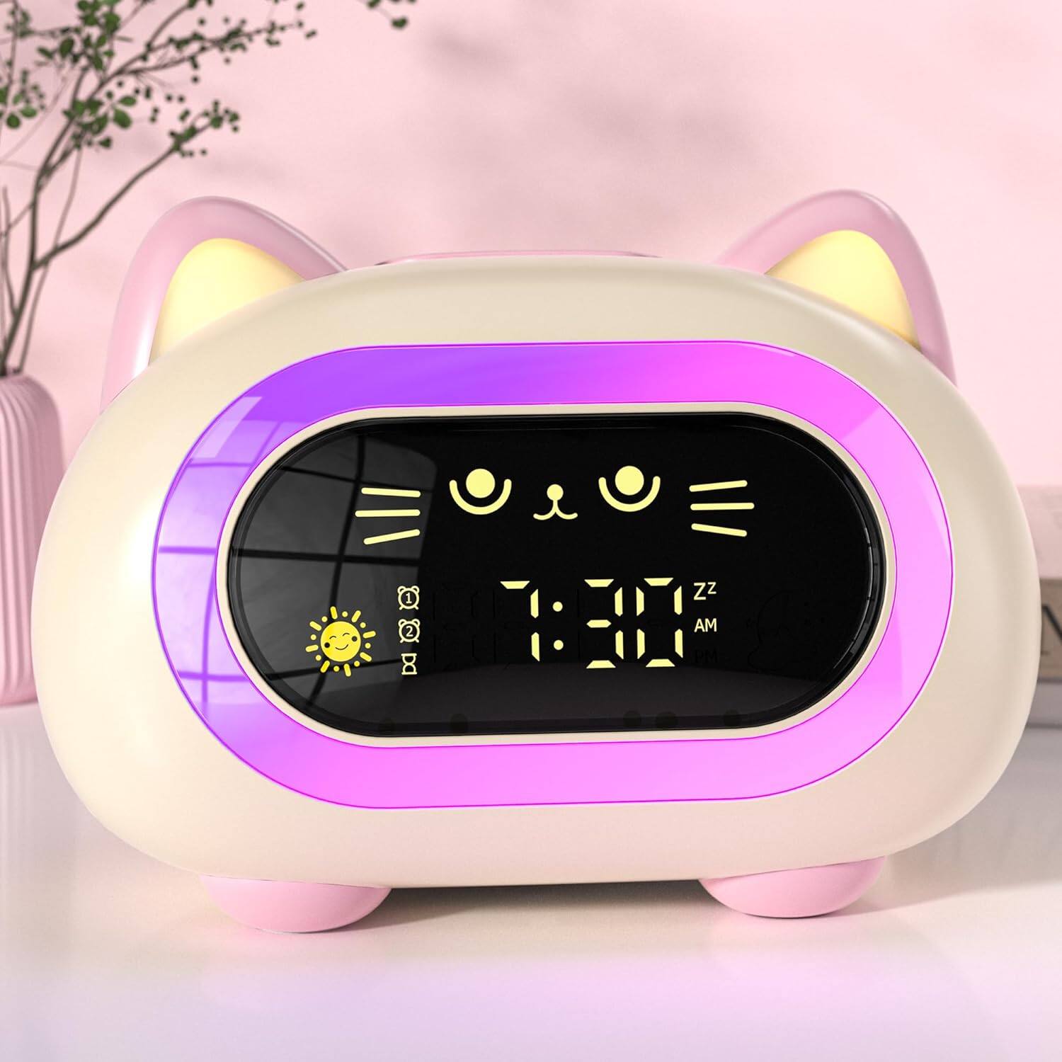 Front. FINEAK - Kids Alarm Clock with Dual Alarm Snooze Mode 10 Color Night Light - Powder Pink.