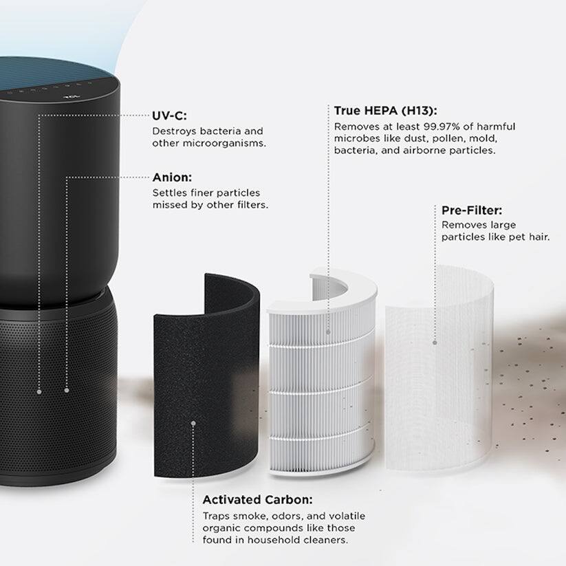 UV-C: Destroys bacteria and other microorganisms.

True HEPA (H13): Removes at least 99.97% of harmful microbes like dust, pollen, mold, bacteria, and airborne particles.

Anion: Settles finer particles missed by other filters.

Pre-Filter: Removes large particles like pet hair.

Activated Carbon: Traps smoke, odors, and volatile organic compounds like those found in household cleaners.