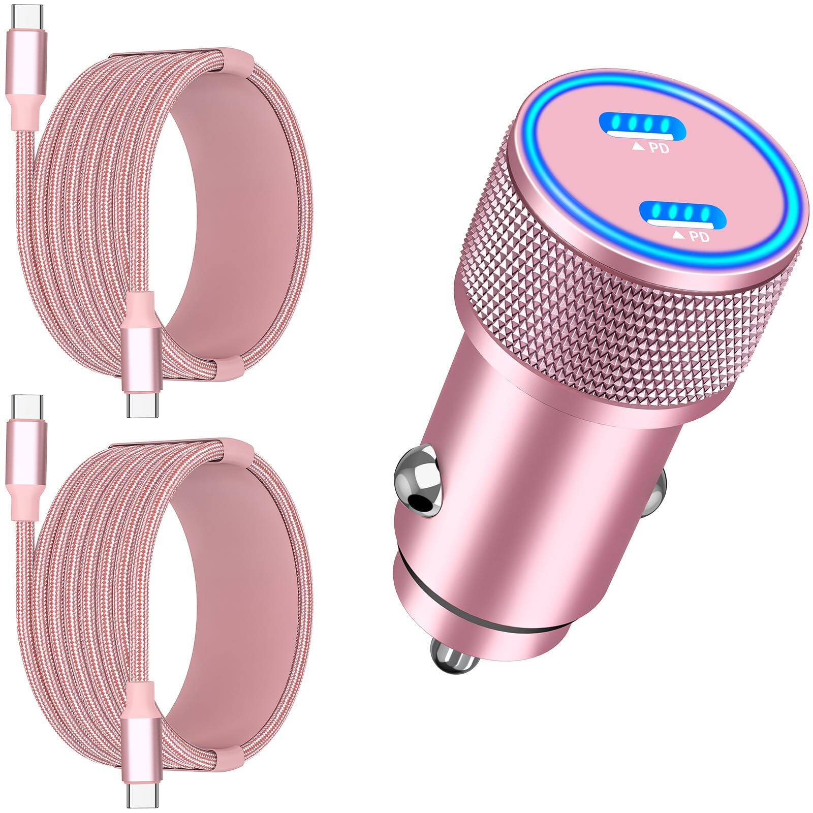Front. Luckbyte - 90W Dual USB-C Car Charger with 2 Braided USB-C Cables, Aluminum Fast Charging Adapter, Pink.
