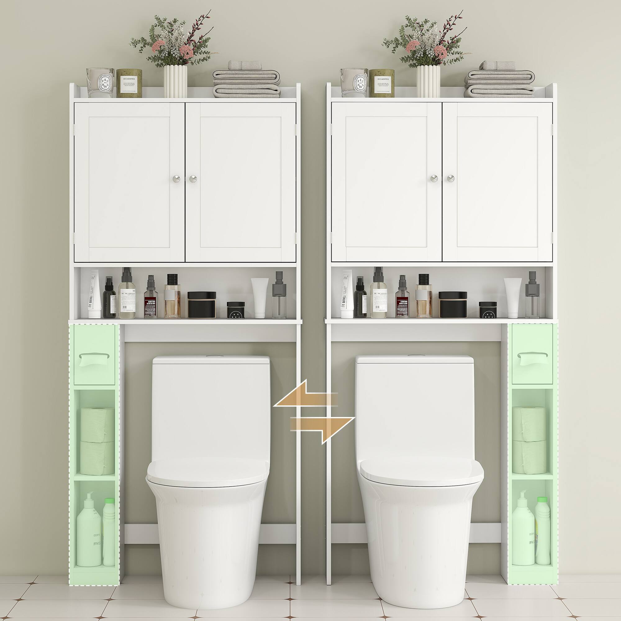 Alt View 8. Homcom - Over the Toilet Storage Cabinet, Modern Above Toilet Bathroom Organizer with 2 Doors, Storage Shelves - White.