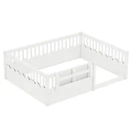 GOODSILO - Full Size Low Profile Safety Floor Bed with Built-In Bookshelf for Children's Room - White