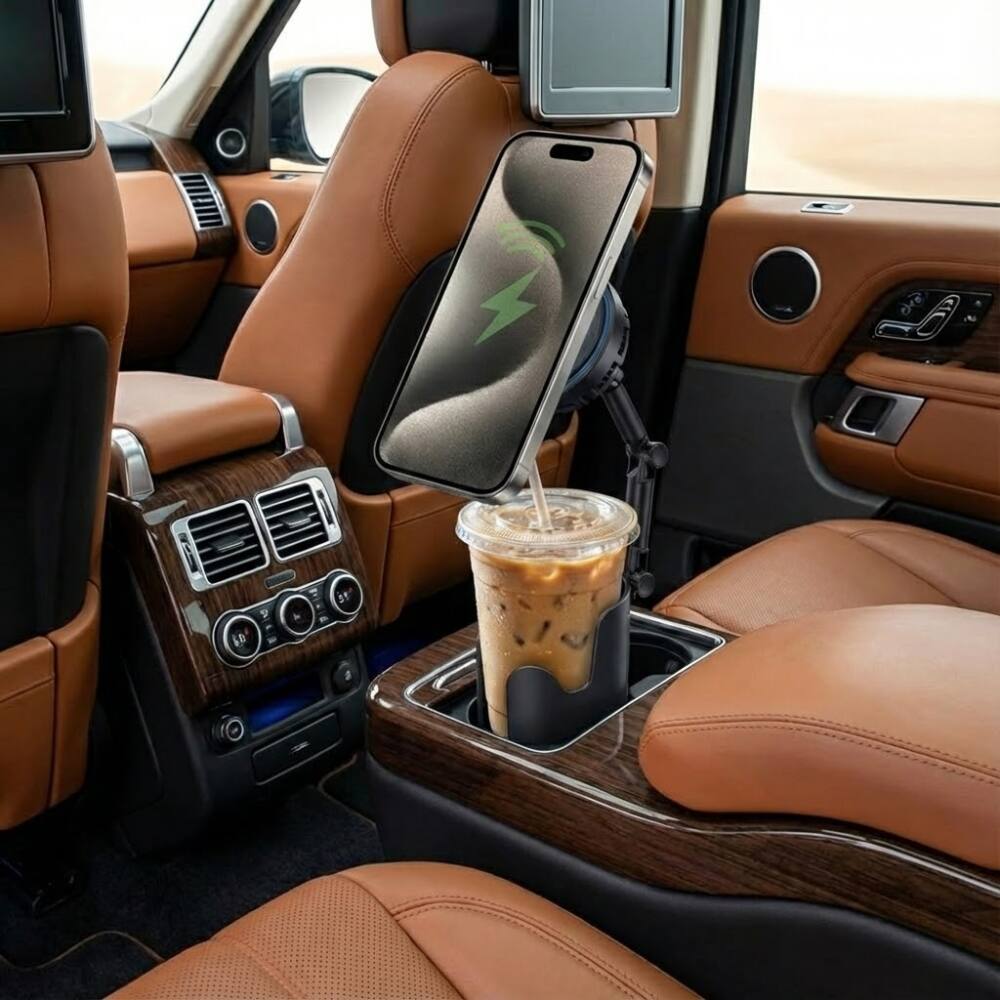 Angle. Esoulk - 25W Qi 2.2 Cooling Magnetic Wireless Car Charger For Car Cup Holder Compatible with iPhone 17 Pro Max - Black.