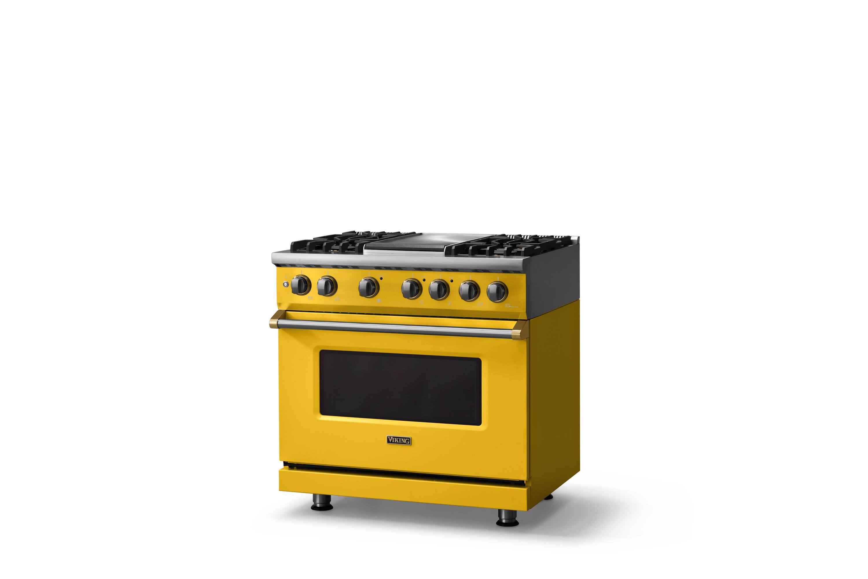 Angle. Viking - 36"W. Pro5S 5.6 Cu. Ft. Freestanding Self-Clean Sealed 4B LP DF Convection Range/Grdl-Slate Blue/Brushed Brass - Daffodil.