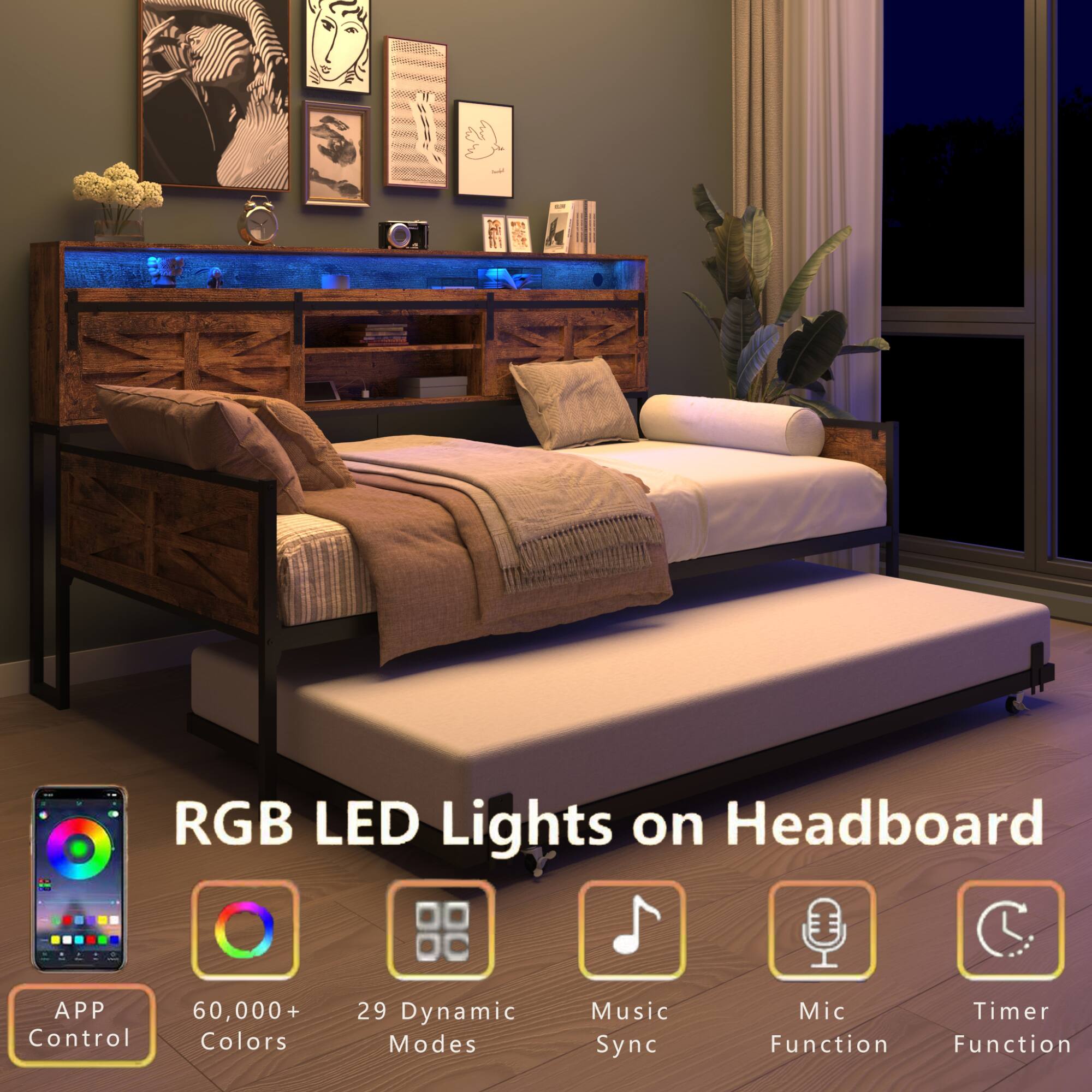 RGB LED Lights on Headboard

- APP Control
- 60,000+ Colors
- 29 Dynamic Modes
- Music Sync
- Mic Function
- Timer Function