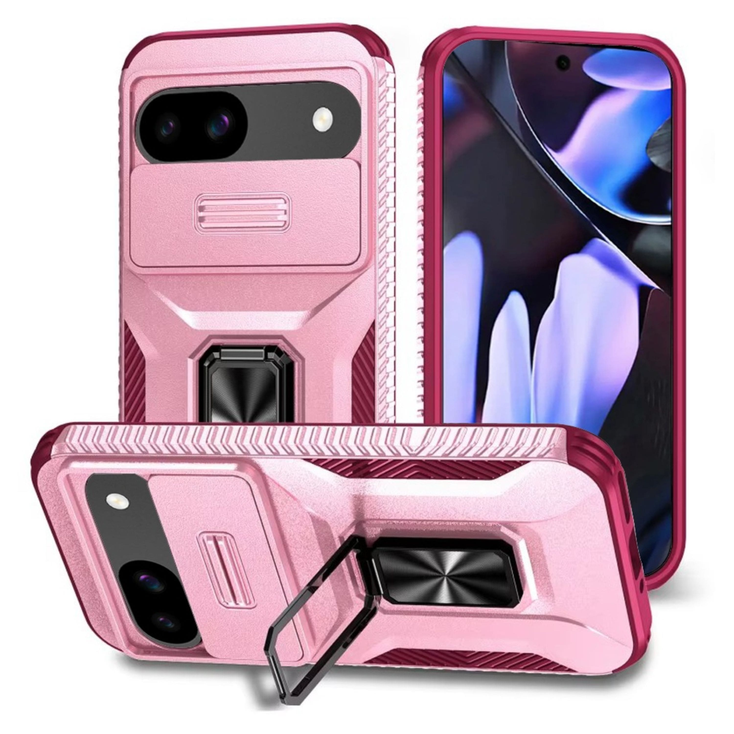 Kitcheniva - Full Coverage Metal Stand Lens Cover Phone Case With Tempered Glass For Google Pixel 9a Pink Burgundy - Pink/Burgundy price history on PriceWatchPro