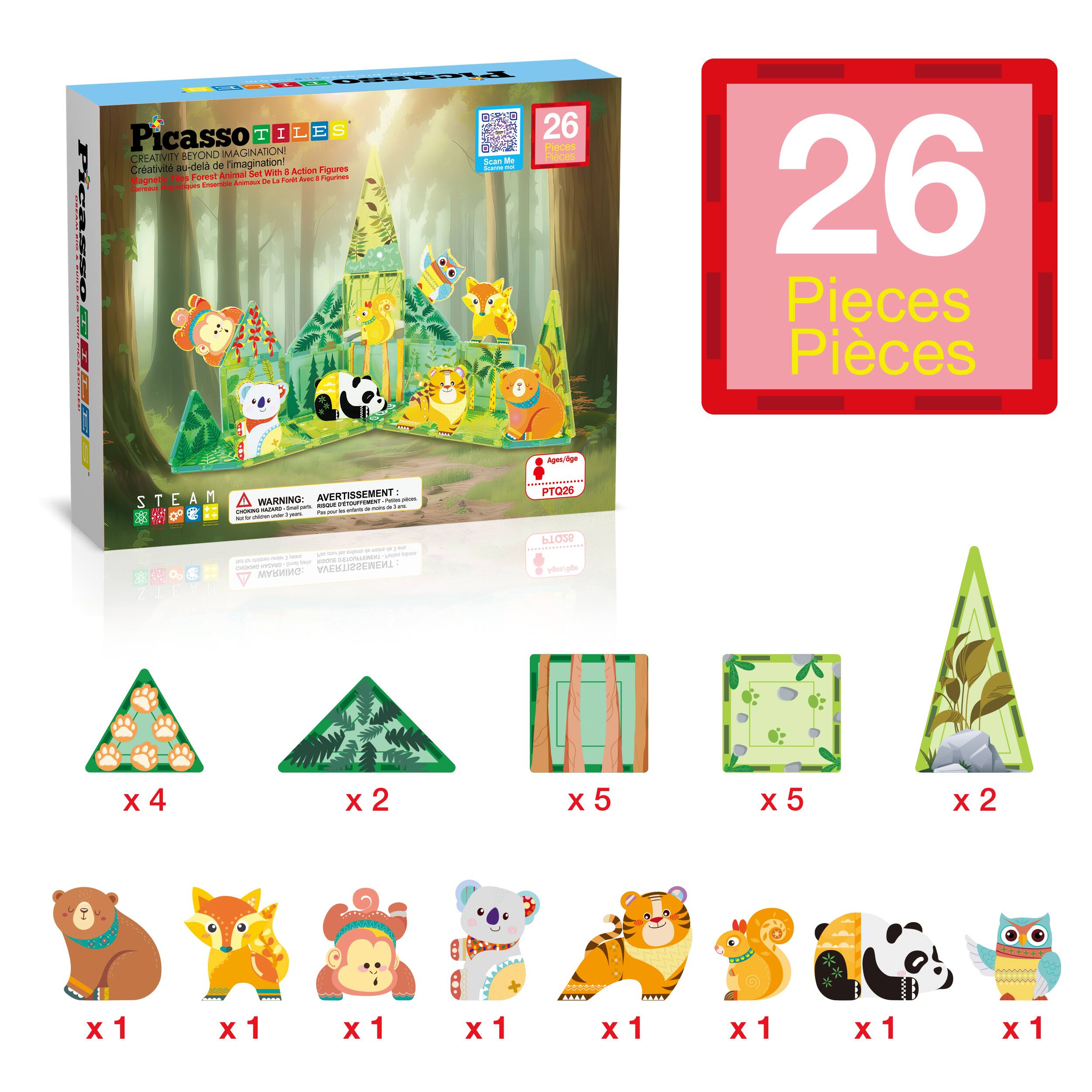 Picasso TILES  
Creativity Beyond Imagination  
Forest Animal Set  
4 Action Figures  
Magnets  
26 Pieces  

WARNING:  
AVERTISSEMENT:  

26  
Pieces  

- 4 x Paw Print Triangles  
- 2 x Tree Triangles  
- 5 x Tree Trunks  
- 5 x Leaves  
- 2 x Rocks  
- 1 x Bear  
- 1 x Fox  
- 1 x Monkey  
- 1 x Koala  
- 1 x Tiger  
- 1 x Squirrel  
- 1 x Panda  
- 1 x Owl
