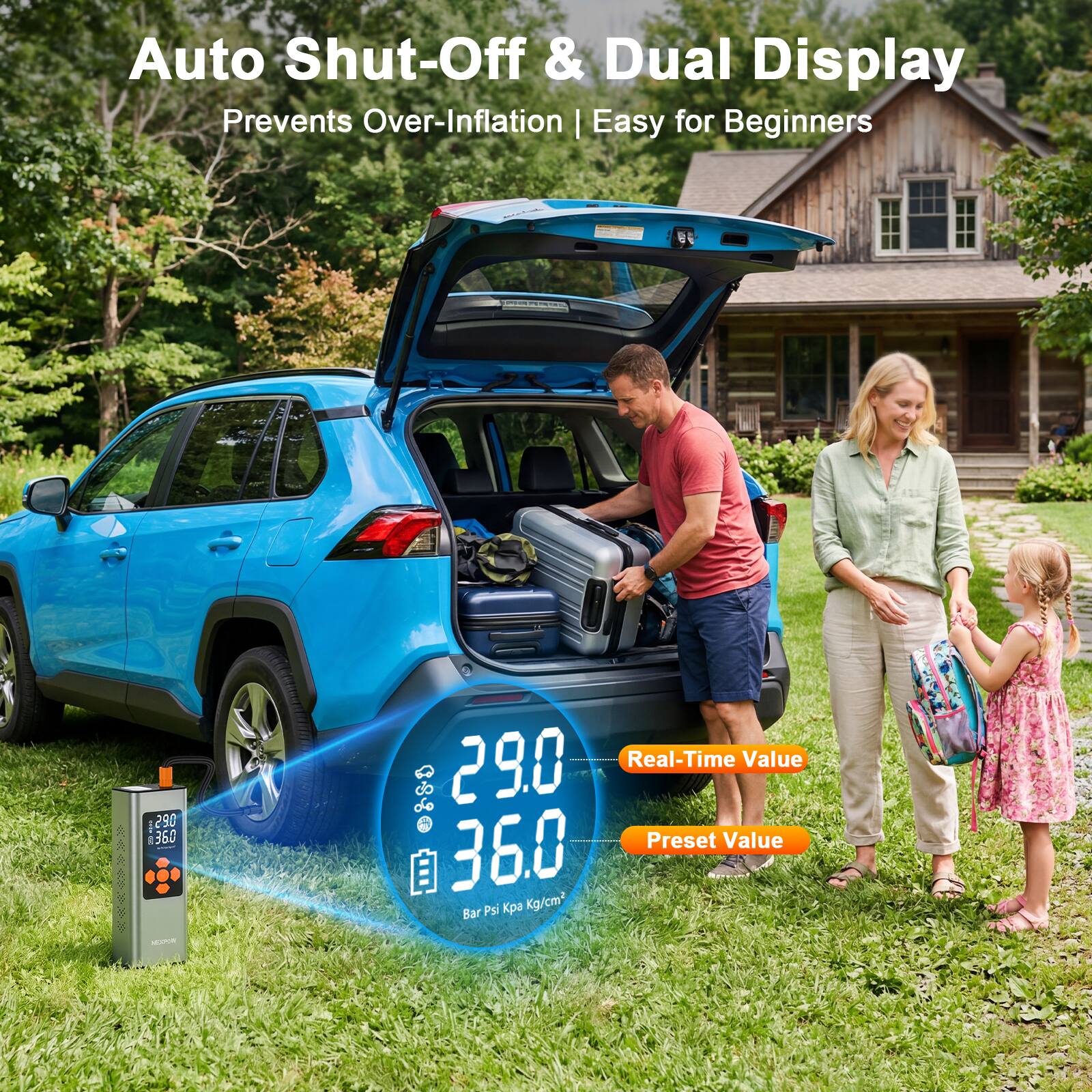 Auto Shut-Off & Dual Display Prevents Over-Inflation | Easy for Beginners

I 290 1 360

M 29.0 Real-Time Value

Preset Value: 36.0 Bar Psi Kg/cm