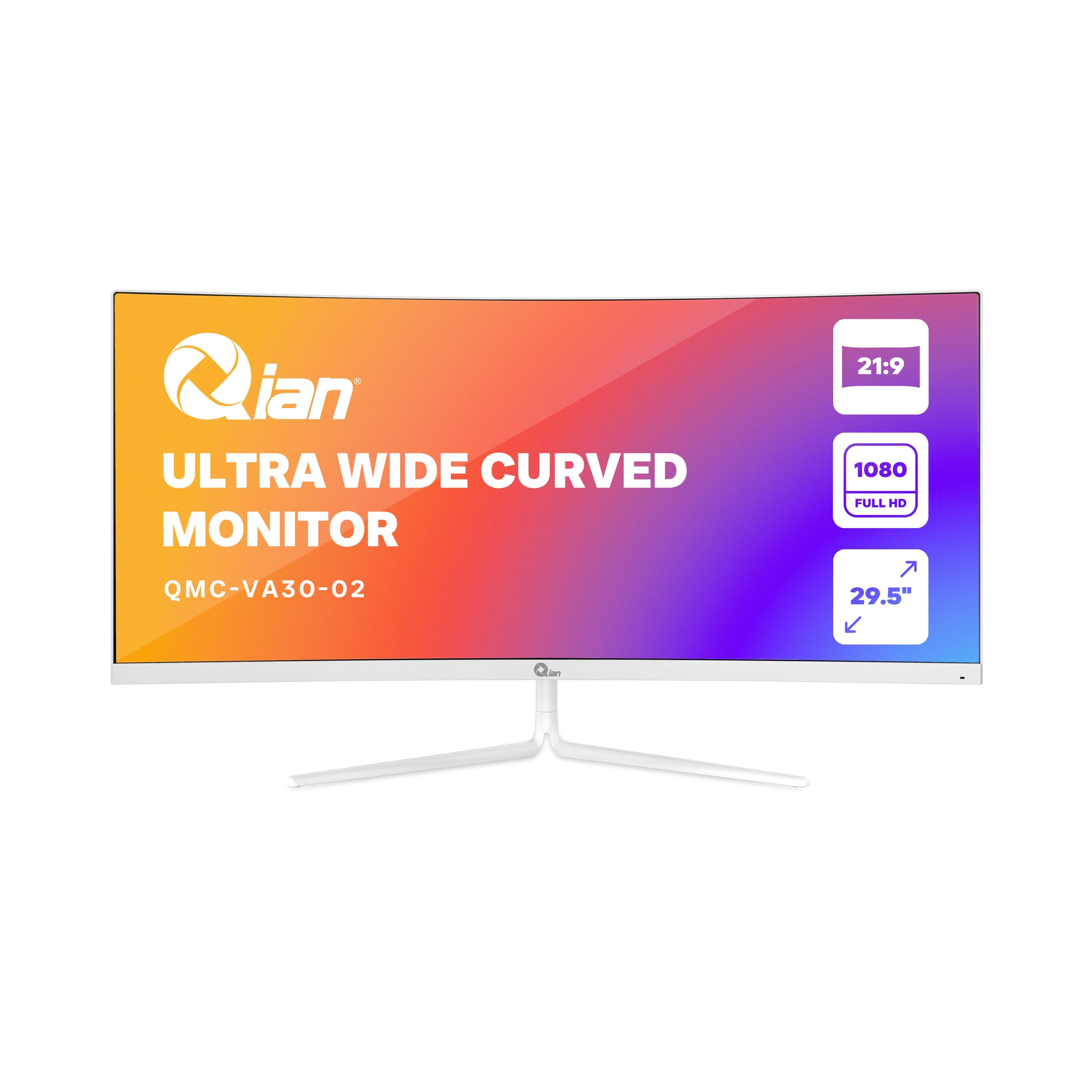 Qian - Curved Monitor. Ultrawide, 200Hz, 1080p FHD, HDMI, Display Port. Model QMC-VA30-02 - White
