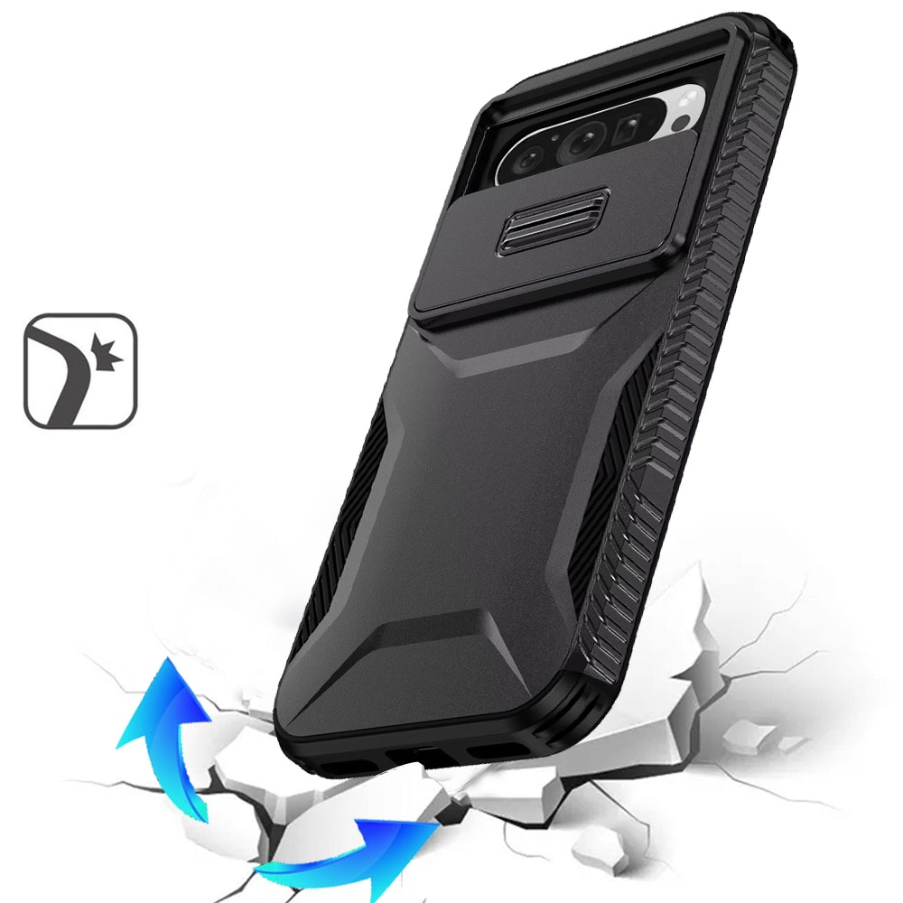 Angle. Kitcheniva - Rugged Grip Sliding Lens Cover Plus Tempered Glass For Google Pixel 10/10 Pro Black - Black.