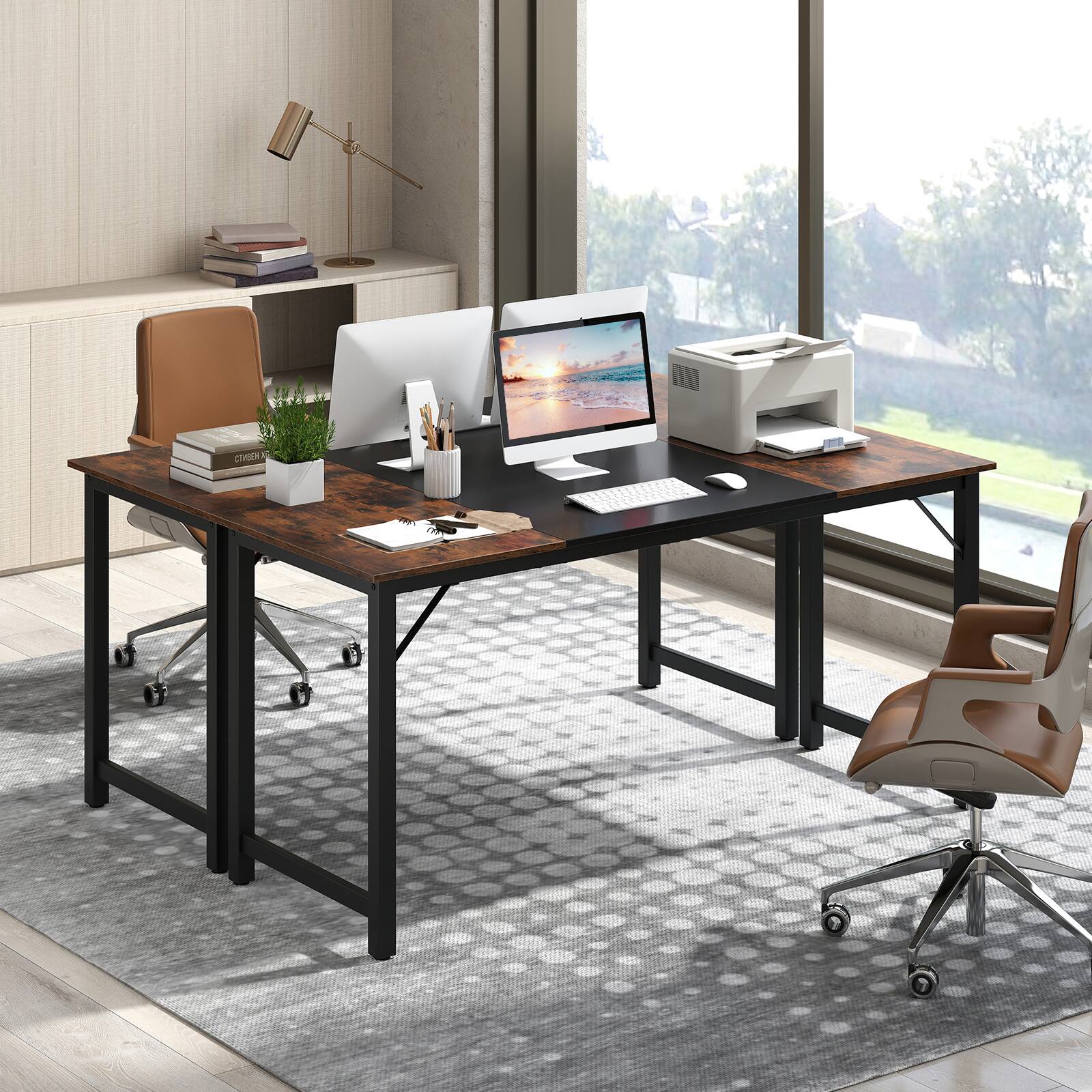 Alt View 3. Gymax - Gymax 6 PCS 63'' Computer Desk Modern Industrial Office Desk w/ Metal Frame & Large Executive Desk - Rustic Brown, Black.