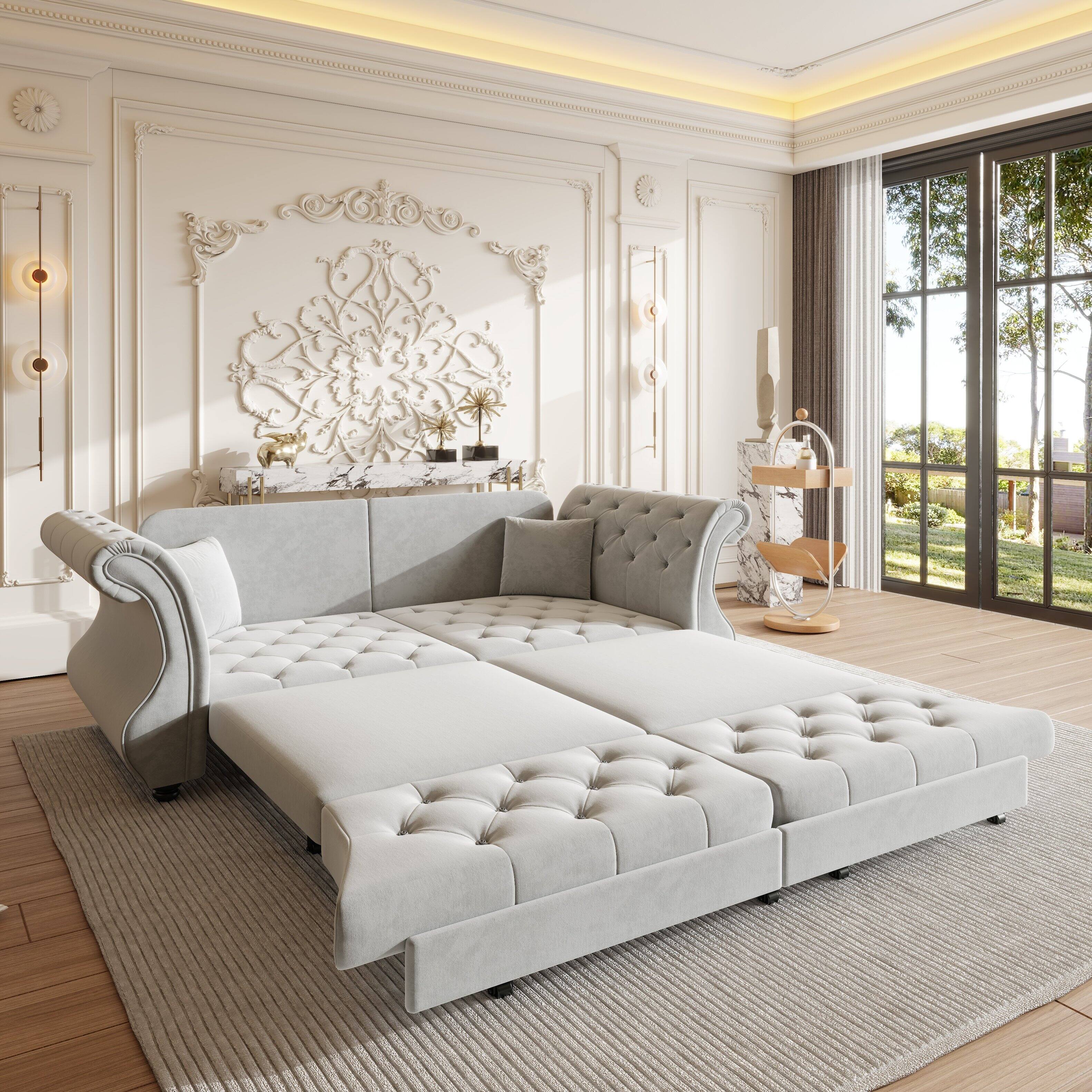 Angle. Anysun - 83.8" Oversized Velvet Chesterfield Pull-Out Sofa Bed - Classic Roll Arm, Flower Tufting for Living Room - Gray.