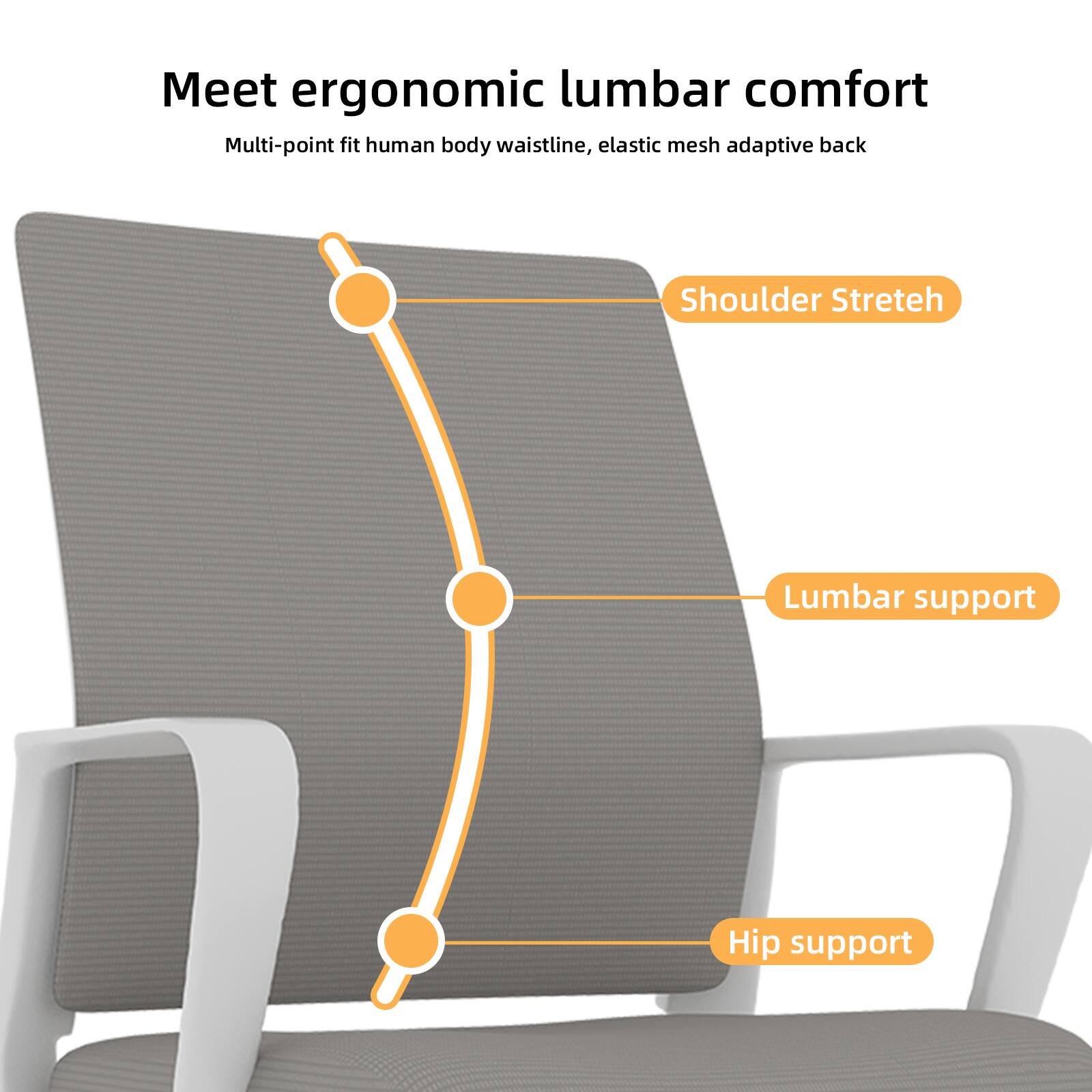 Meet ergonomic lumbar comfort  
Multi-point fit human body waistline, elastic mesh adaptive back  

- Shoulder Stretch  
- Lumbar support  
- Hip support