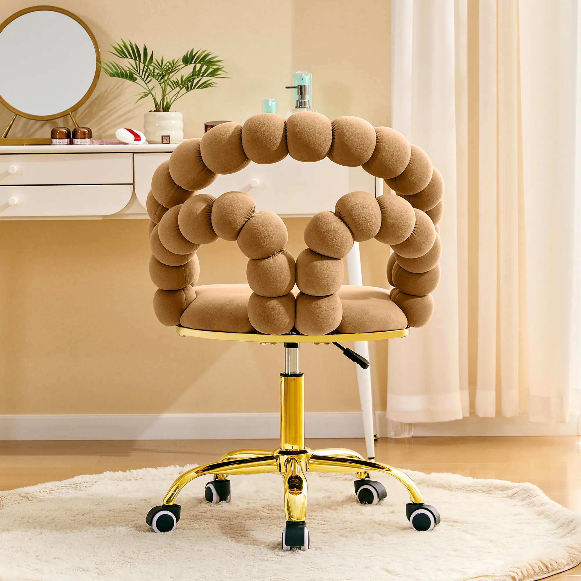 Back. Loheer - Loheer- Velvet Swivel Office Chair Bubble Back Vanity Chair for Bedroom Makeup Room Gold Base Wheels 2.1 ft - Brown,Gold.