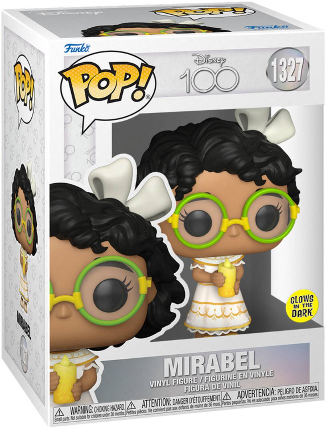 Coleaey TO Aki Funko Disney M POP! 100 1327 EOVEN GLOWS IN THE DARK MIRABEL FIGURINE EN VINYLE FIGURE I VINYL DE VINIL FIGURA PELIGRO DE ASFIXIA. TOUFFEMENT. ADVERTENCIA: para nitos menores de 36 meses. DANGER D pequeas. No es adecuado HAZARD. ATTENTION: enfants de moins de 36 mois. Partes WARNING: CHOKING e convient pas ax under 36 months, Petites pices. Not sutable for chidren Small parts CHOKING HAZARD