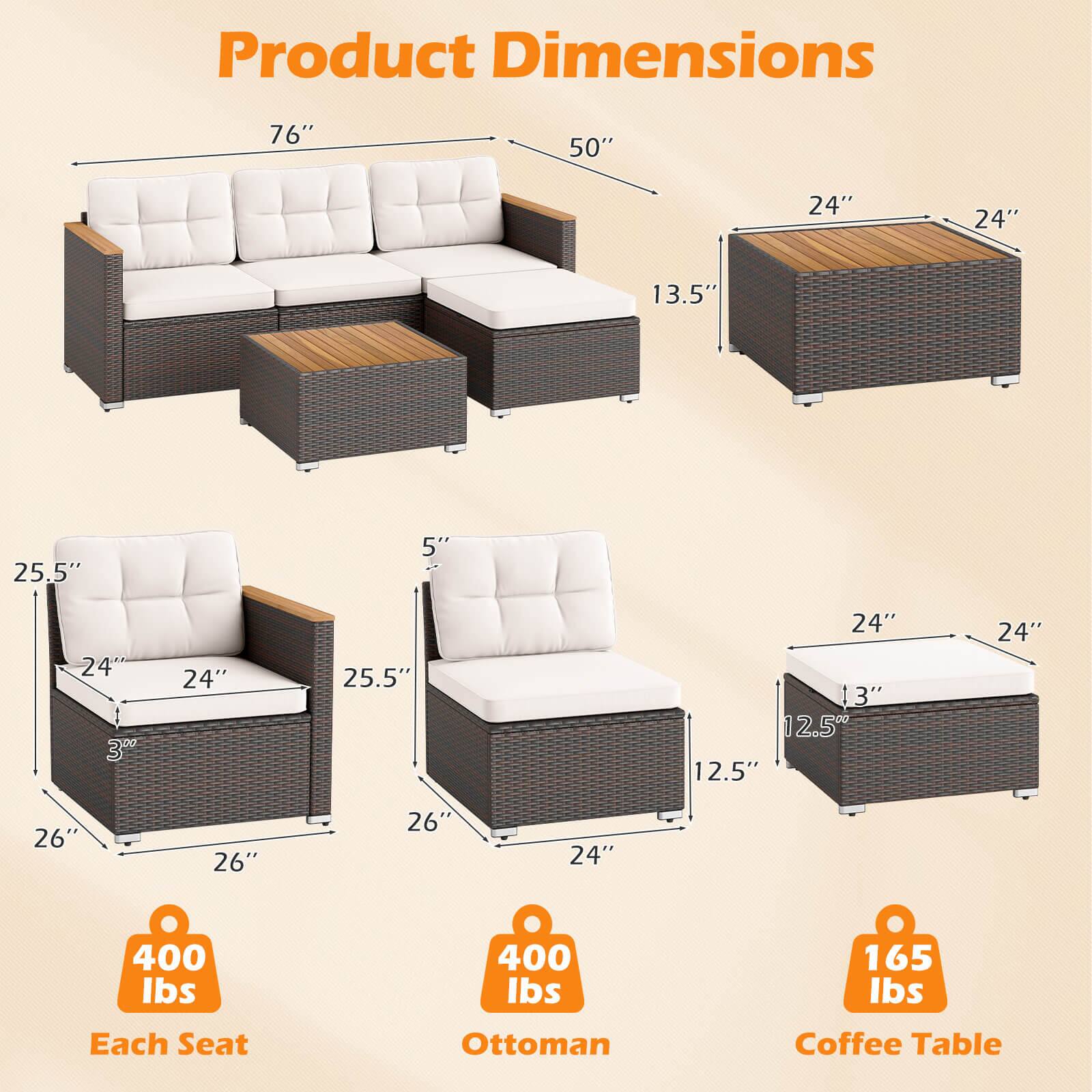 Product Dimensions: 76", 50", 24", 24", 13.5", 25.5", 24", 24", 25.5", 24", 13.5", 12.5", 12.5", 24", 26", 26", 26", 24"
Weight: 400 lbs Each Seat, 400 lbs Ottoman, 165 lbs Coffee Table