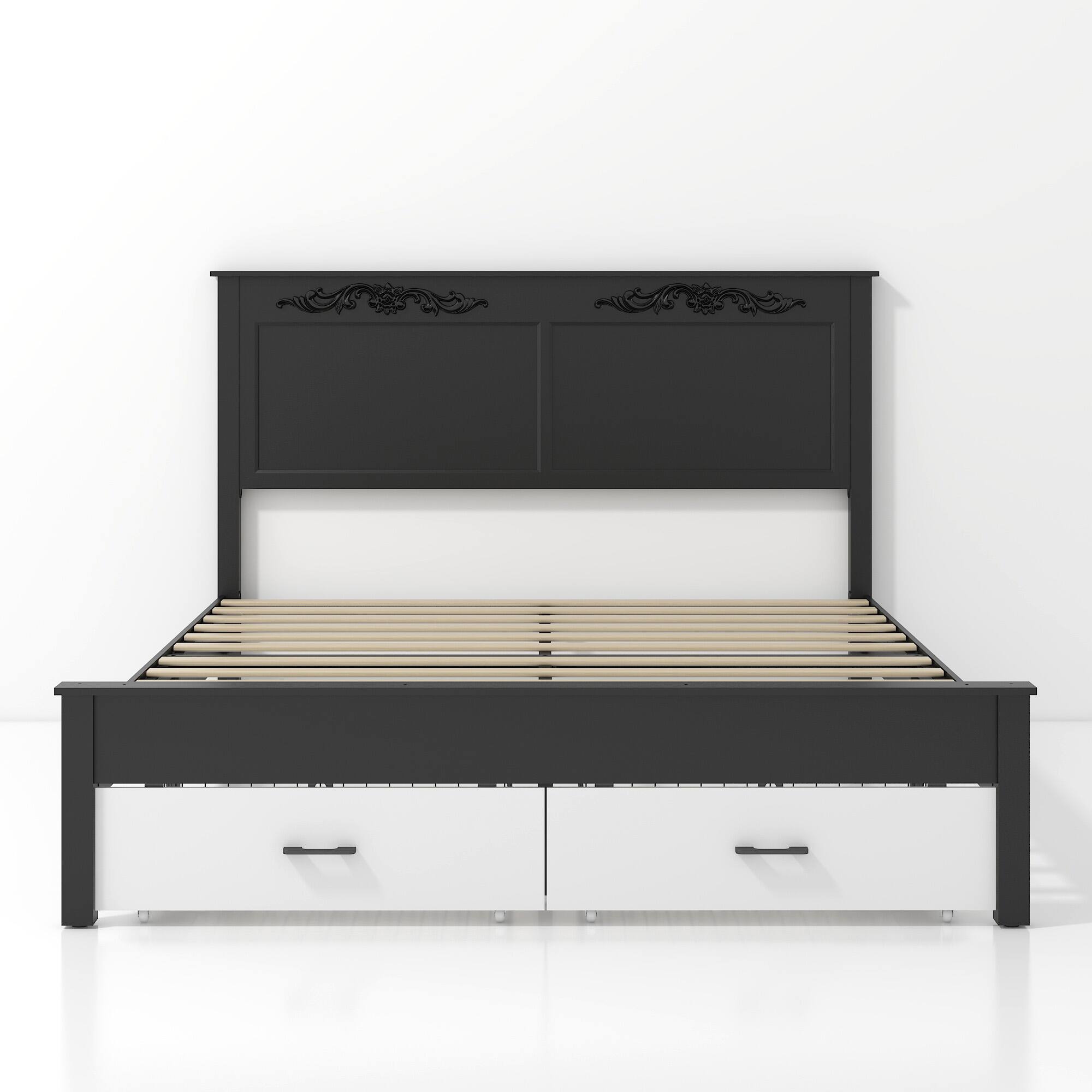 Back. LUCKY ONE - Queen size Rustic Bed Frame with Two Storage Drawers - Black+White.