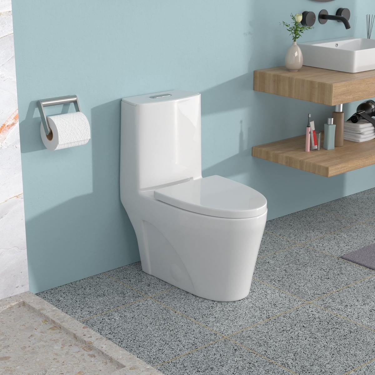 Loheer - Ceramic One Piece Toilet Dual Flush Toilet with Soft Close Seat, Twelve Inch Rough In - White
