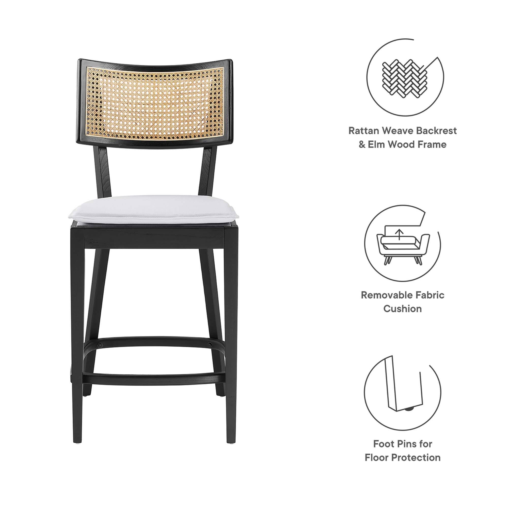 Rattan Weave Backrest & Elm Wood Frame  
Removable Fabric Cushion  
Foot Pins for Floor Protection