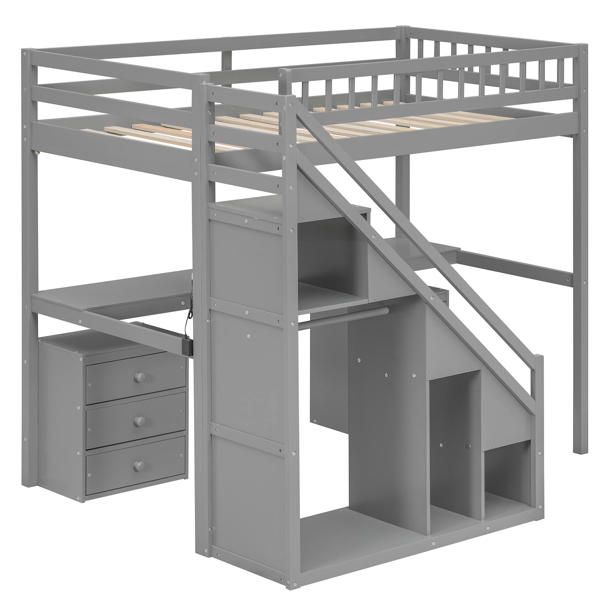 Alt View 2. Anysun - Twin Size Loft Bed with Two Chest of Drawers, Desk and Light Strip - Gray.
