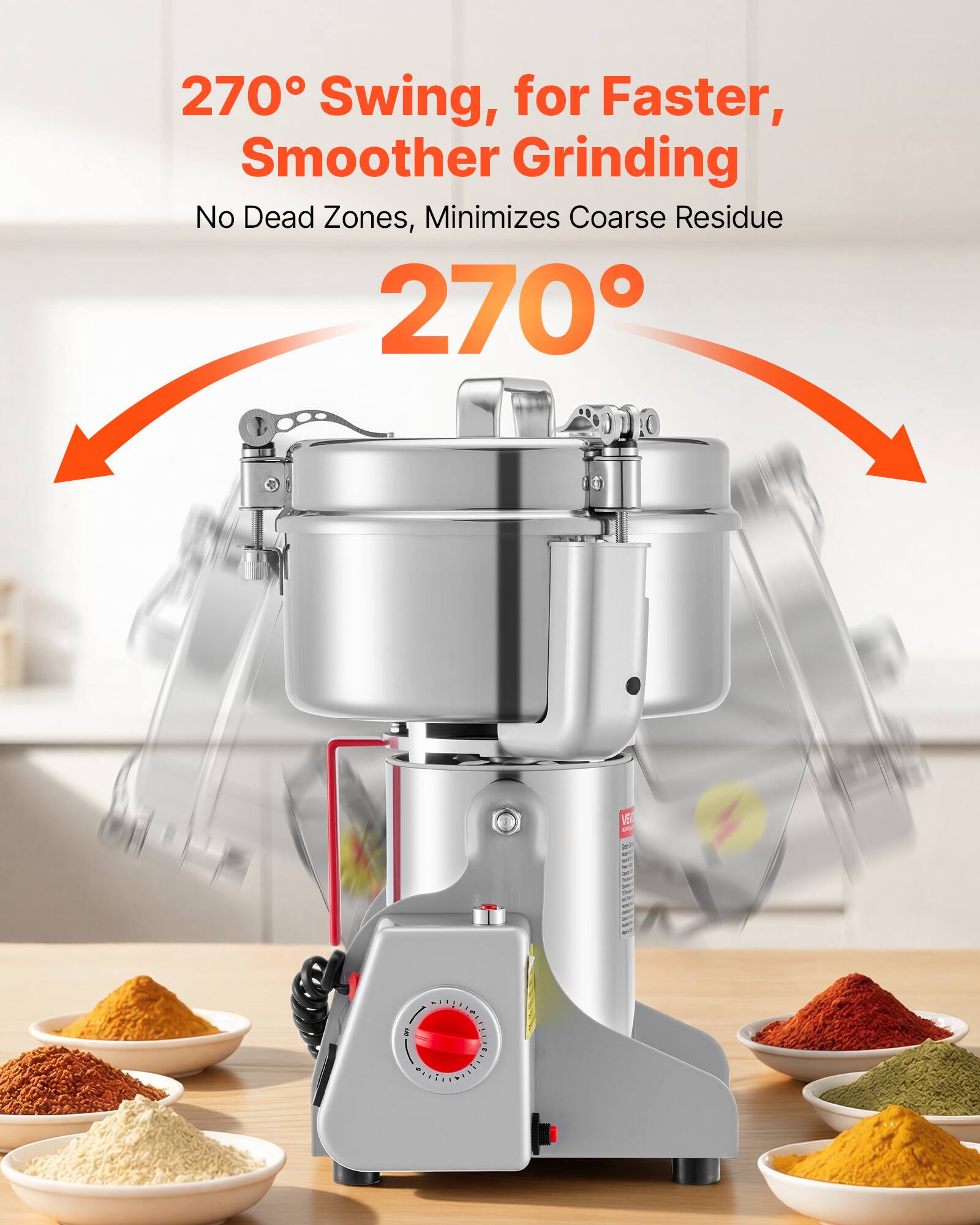 270° Swing, for Faster, Smoother Grinding  
No Dead Zones, Minimizes Coarse Residue  
270°