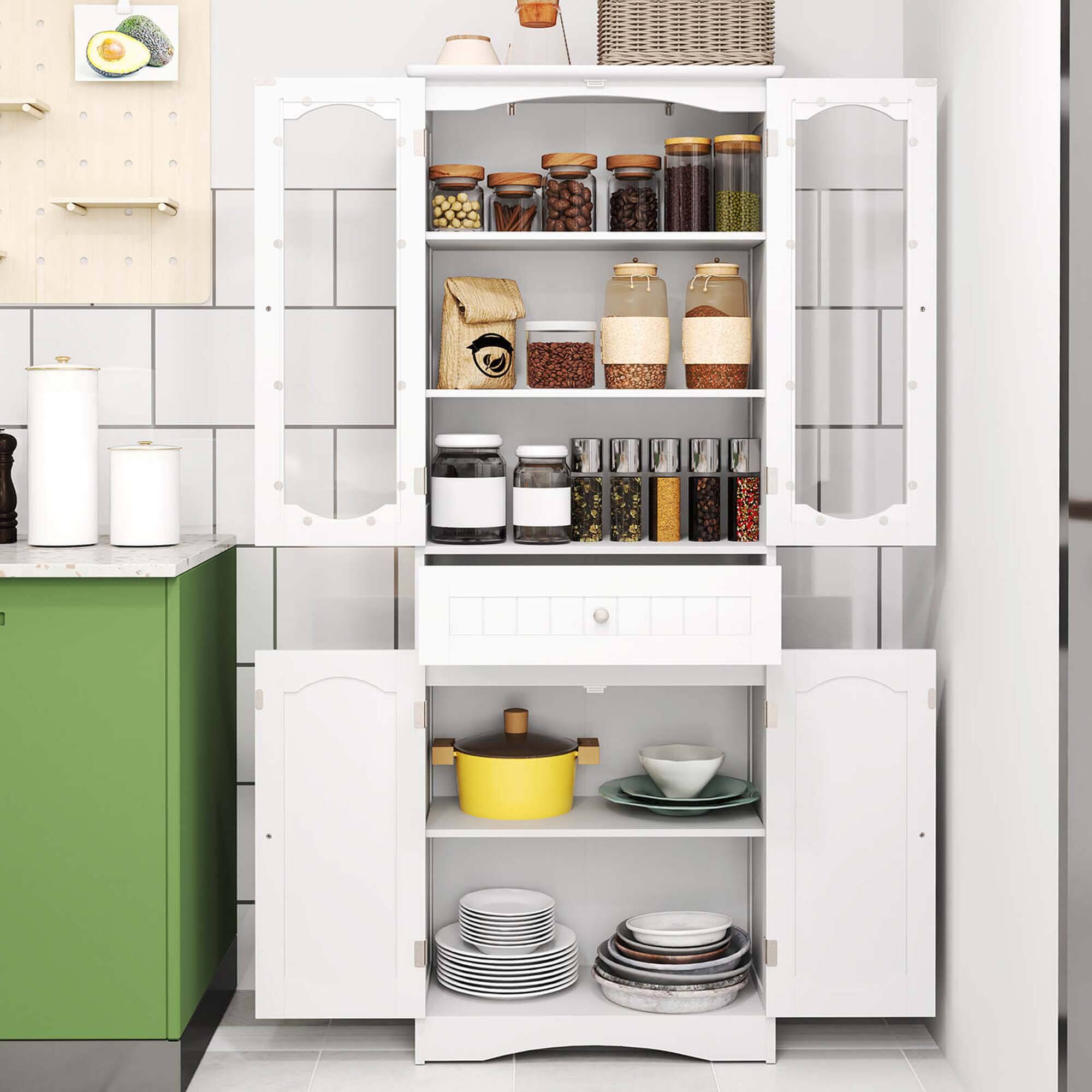 Alt View 4. Costway - Costway 63" Tall Bathroom Cabinet with Tempered Glass Doors Adjustable Shelves Large Drawer White - White.