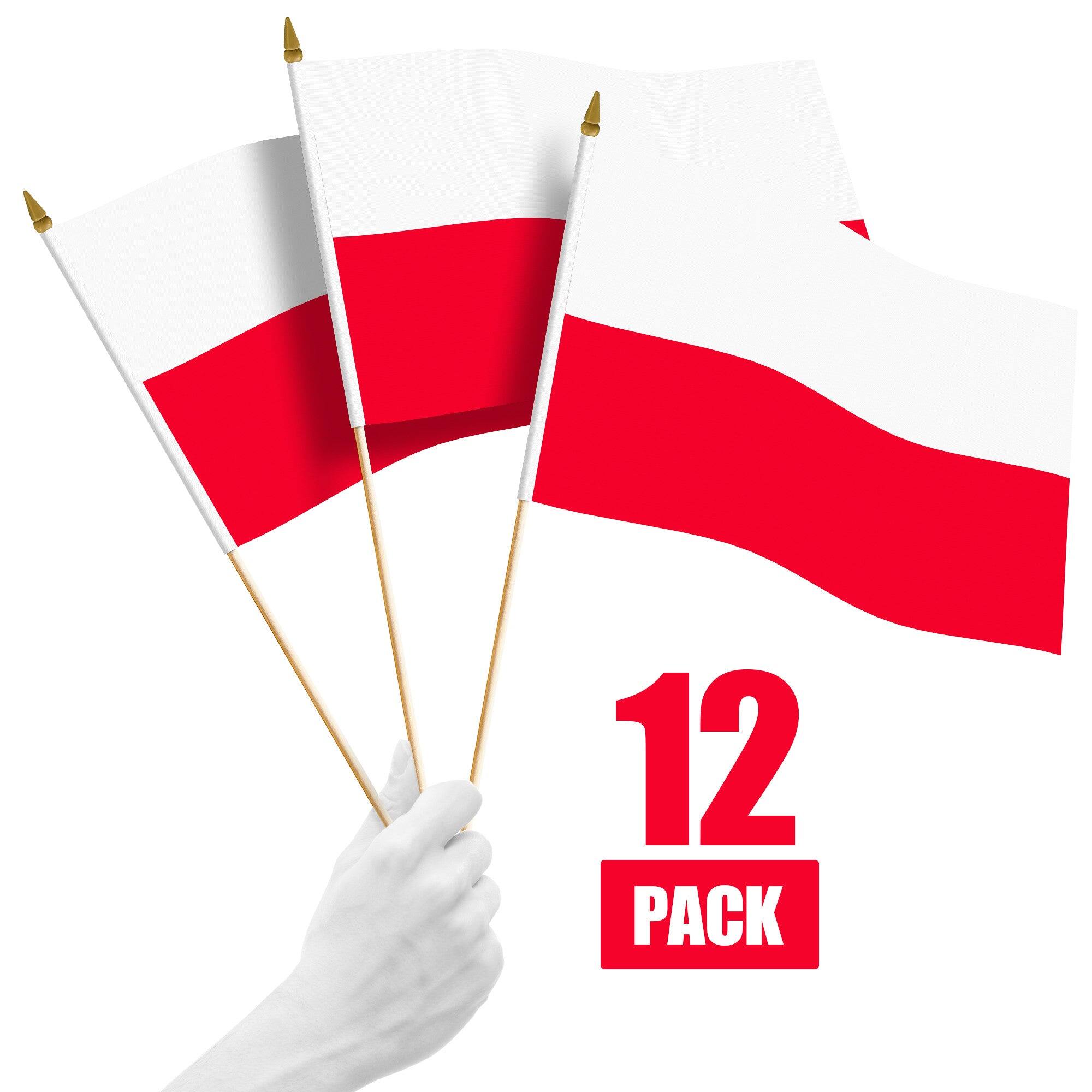 Front. G128 - 12-Pack Handheld Poland Flags, 12 x 18 in, 150D Polyester with Wooden Stick and Gold Spear Tip. - Assorted Colors.