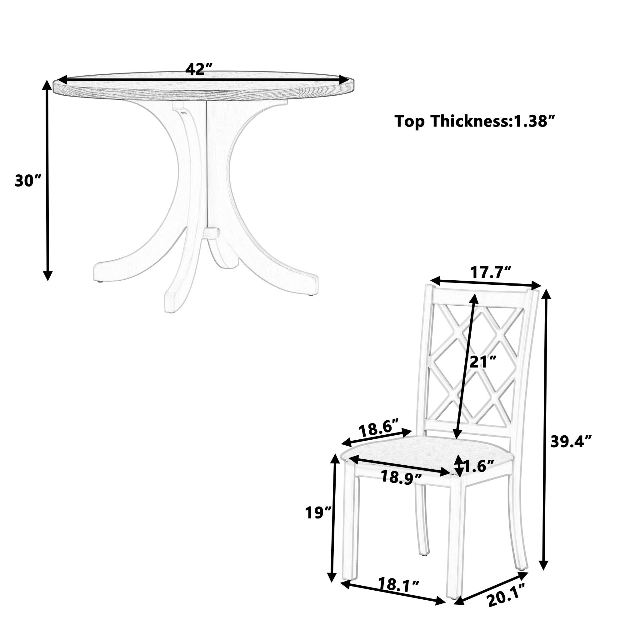 - 42" (diameter of the table)
- Top Thickness: 1.38"
- 30" (height of the table)
- 17.7" (width of the chair seat)
- 21" (height of the chair back)
- 18.6" (depth of the chair seat)
- 18.9" (width of the chair legs)
- .6" (thickness of the chair legs)
- 39.4" (total height of the chair)
- 19" (depth of the chair)
- 18.1" (width of the chair legs)
- 20.1" (width of the chair legs)