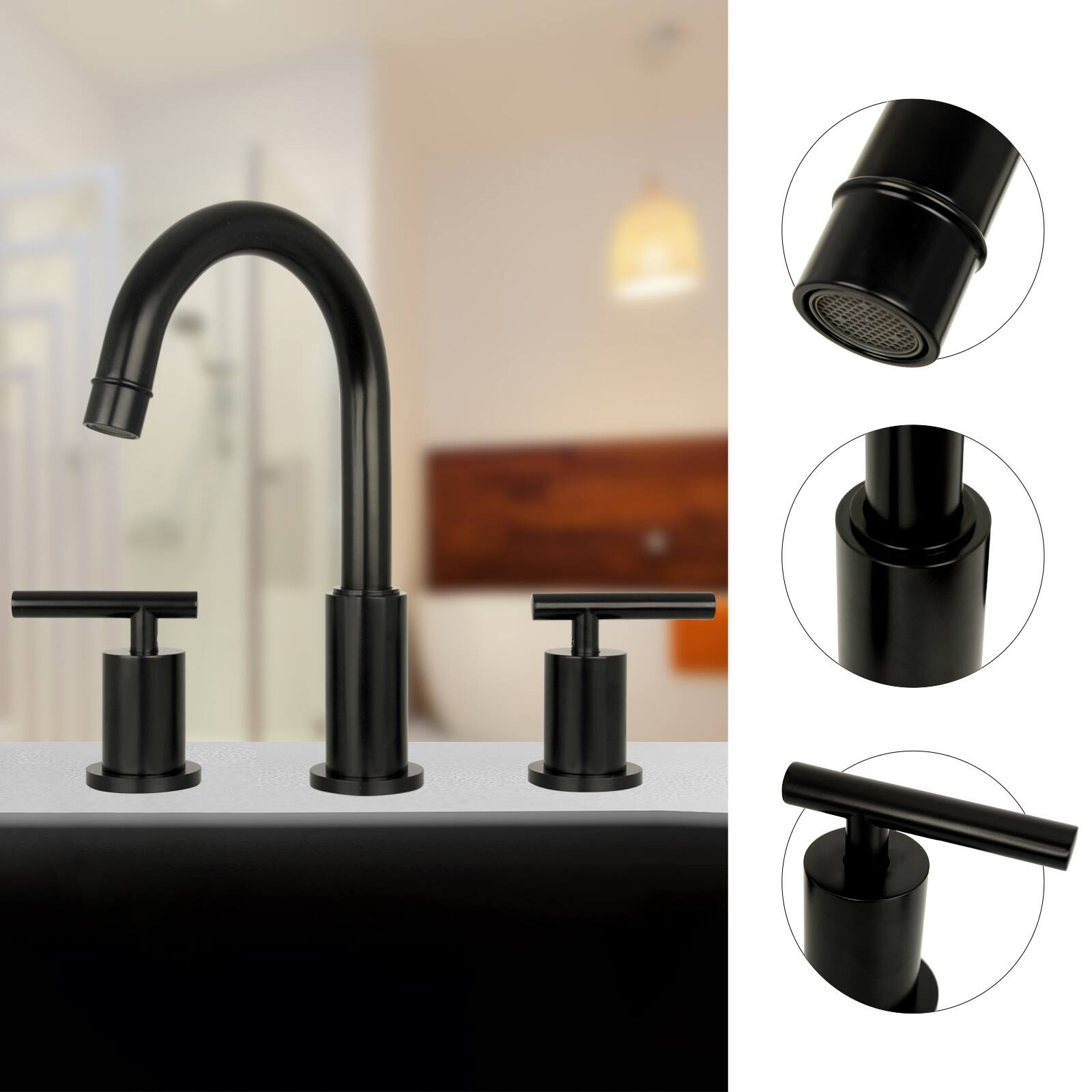 Alt View 2. Akicon - Akicon Solid Brass Double-Handle Widespread Kitchen Faucet in Matte Black - Matte Black.