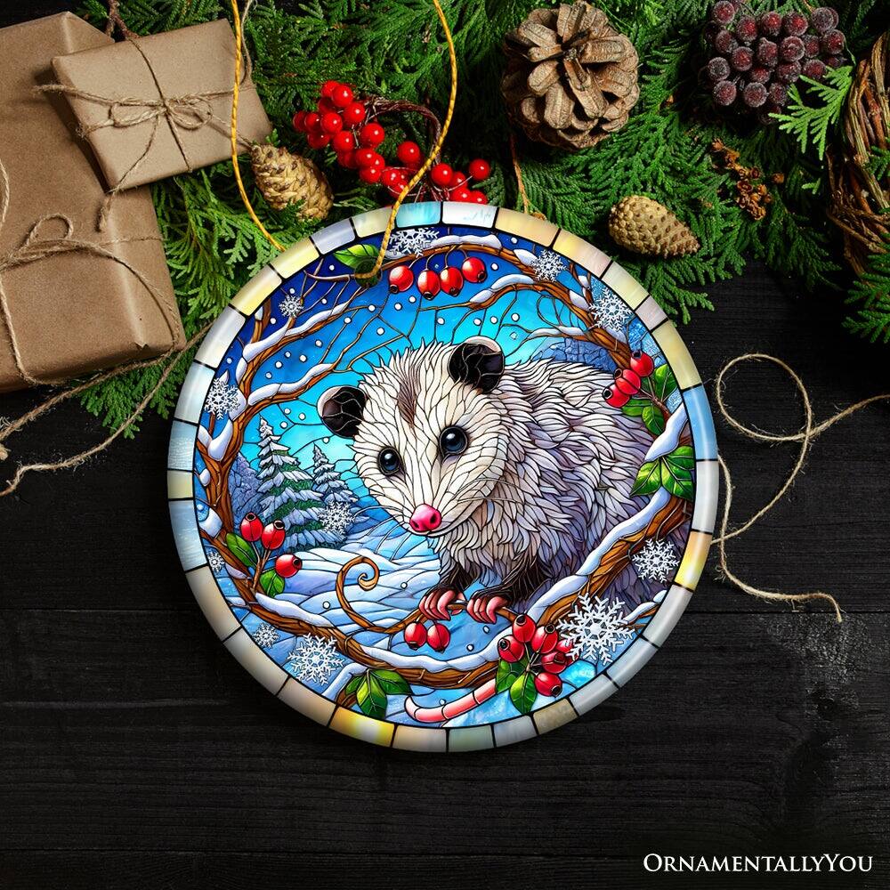 Back. OrnamentallyYou - Frosty Possum in Berry Branches Ornament Playful Winter Wonderland for Holiday Tree Decor - Multi-colored.