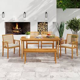 Costway - 6 PSC Patio Dining Set Acacia Wood Table and Bench Chairs with 1.97" Umbrella Hole - Natural