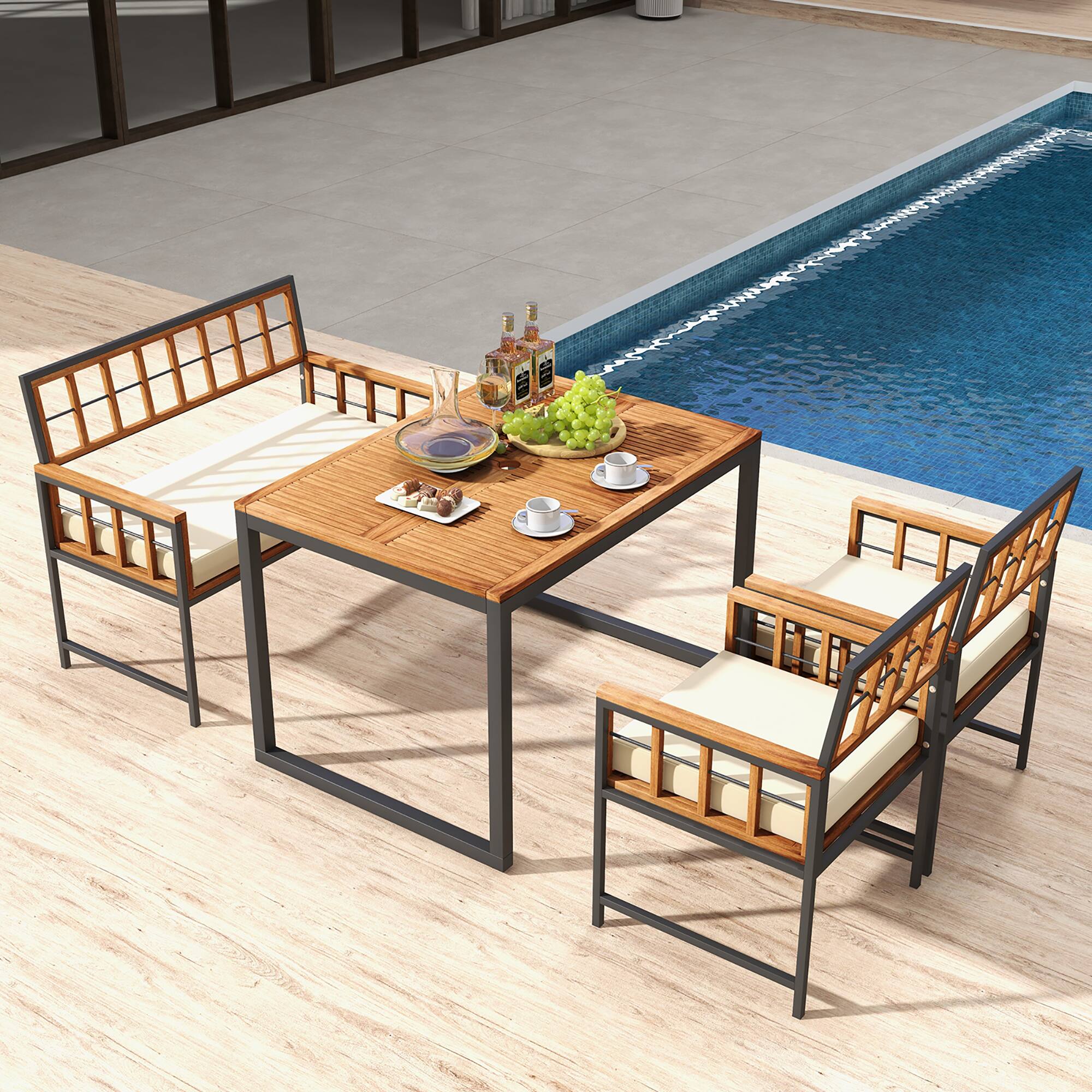 Alt View 1. Gymax - Gymax 4 PCS Acacia Wood Patio Dining Set w/ 1 Rectangular Table 1 Loveseat & 2 Armchairs - Natural, Black, Beige.