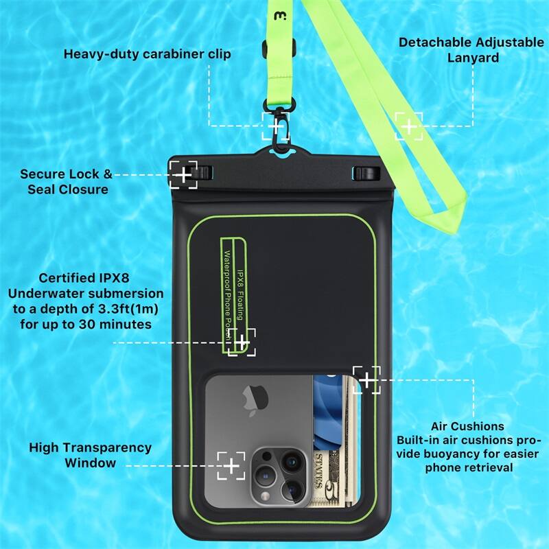 E. Heavy-duty carabiner clip, Detachable Adjustable Lanyard, Secure Lock & Seal Closure, Certified IPX8 Underwater submersion to a depth of 3.3ft(1m) for up to 30 minutes, Waterproof Phone Pobeh IPX8 Floating, High Transparency Window, Air Cushions Built-in air cushions pro- vide buoyancy for easier phone retrieval