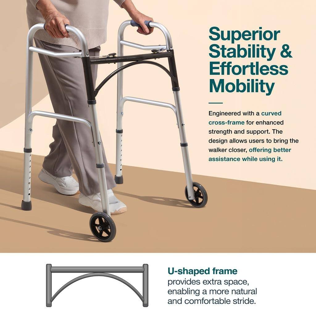 Superior Stability & Effortless Mobility

Engineered with a curved cross-frame for enhanced strength and support. The design allows users to bring the walker closer, offering better assistance while using it.

U-shaped frame provides extra space, enabling a more natural and comfortable stride.